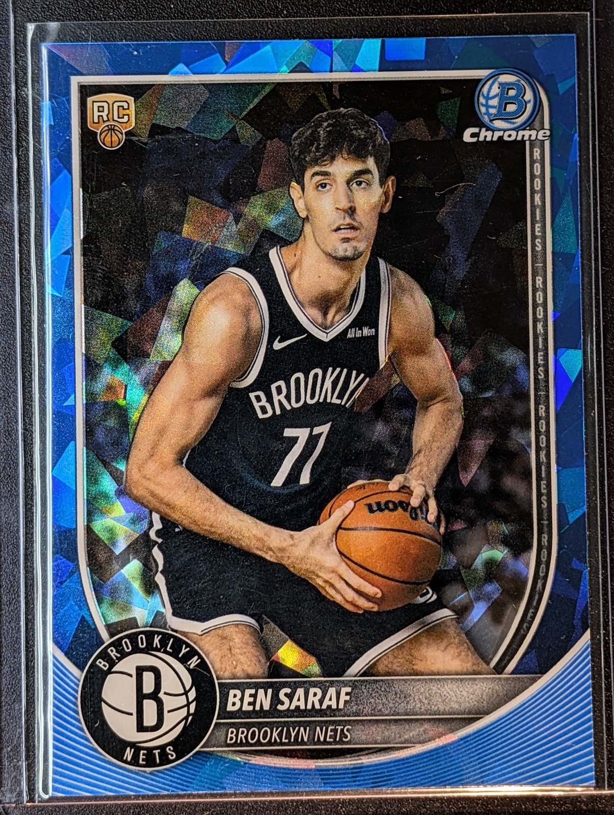 Front of 2025-26 Bowman #BCV-26 Ben Saraf Chrome Sapphire Refractor RC