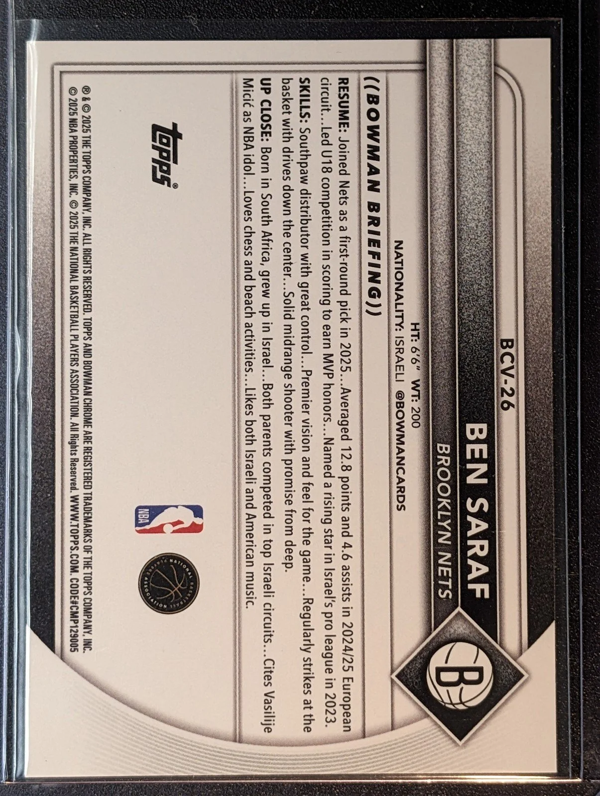 Back of 2025-26 Bowman #BCV-26 Ben Saraf Chrome Sapphire Refractor RC