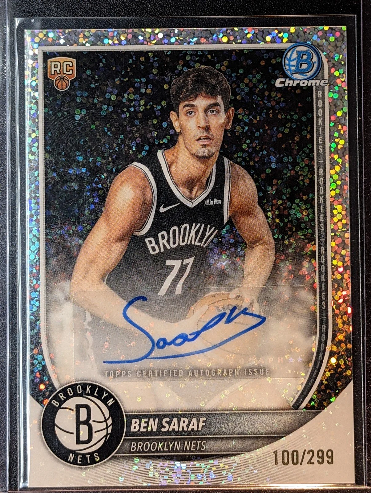Front of 2025-26 Bowman #BCA-BA Ben Saraf Chrome Autographs Speckle Refractor /299