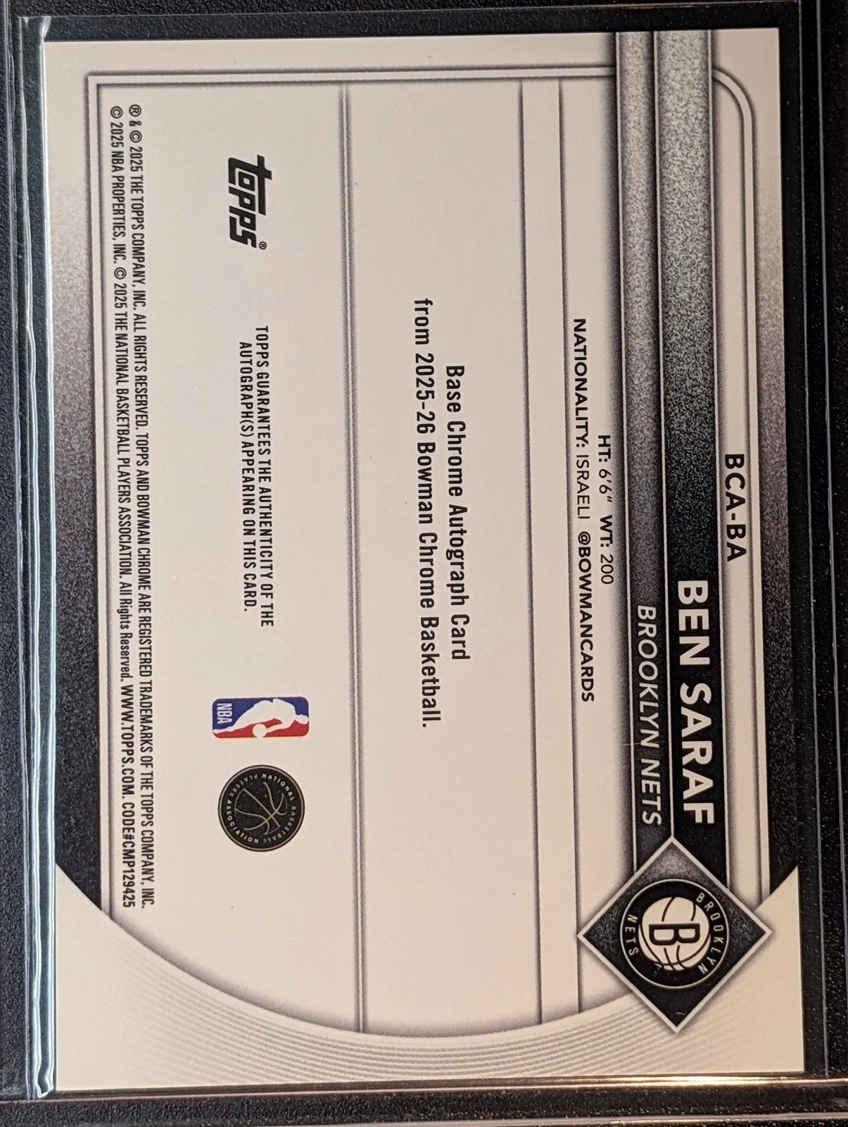 Back of 2025-26 Bowman #BCA-BA Ben Saraf Chrome Autographs Speckle Refractor /299
