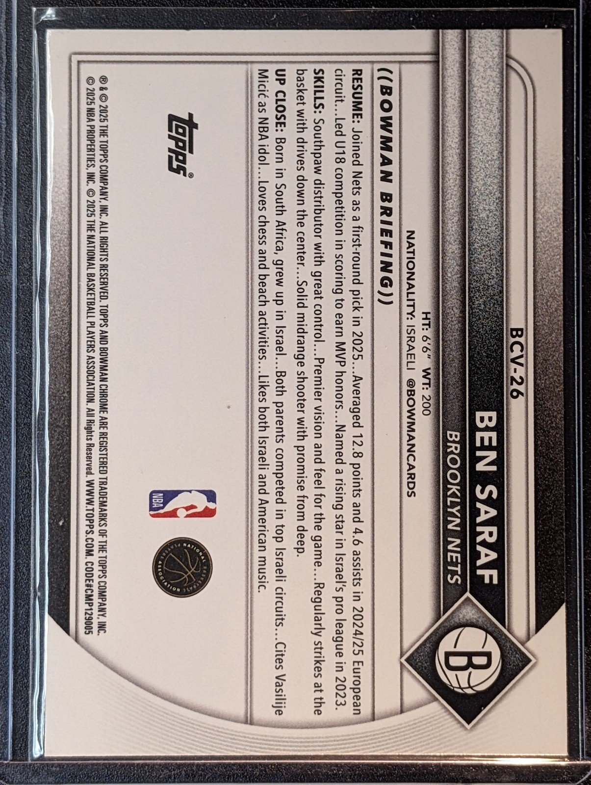 Back of 2025-26 Bowman #26 Ben Saraf RC