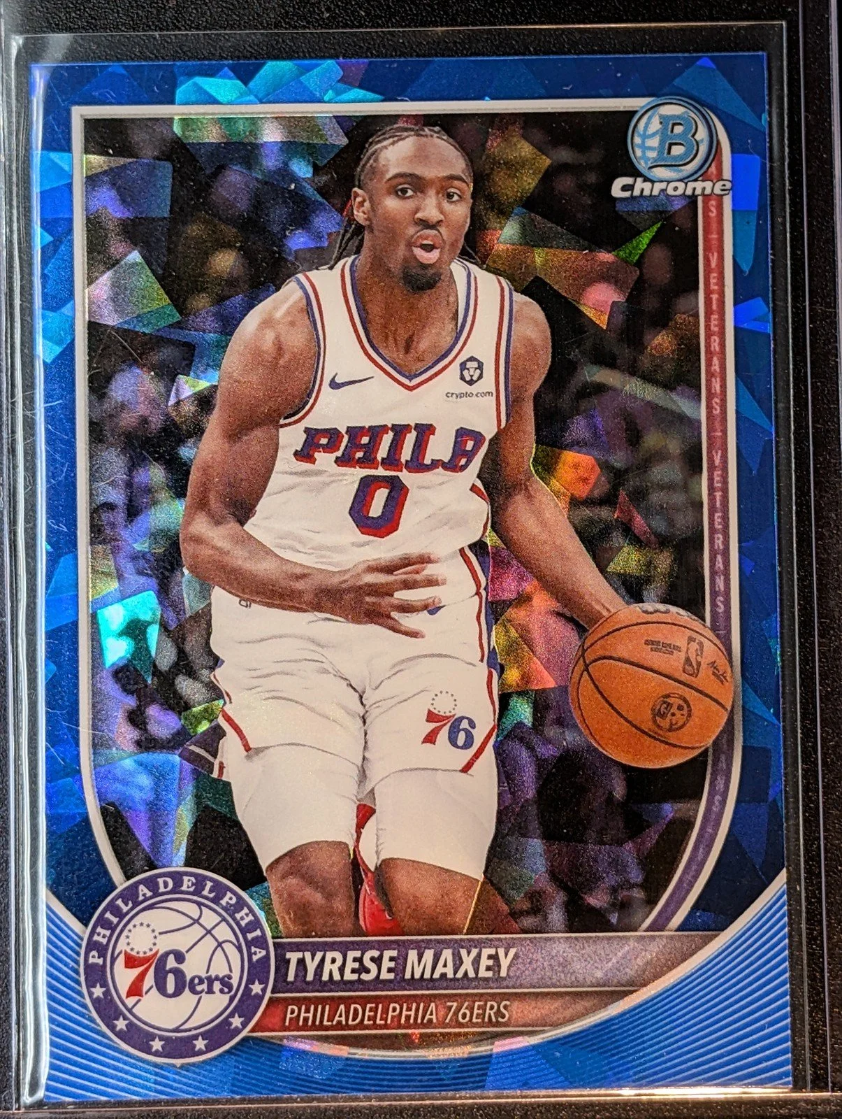 Front of 2025-26 Bowman #66 Tyrese Maxey Chrome Sapphire