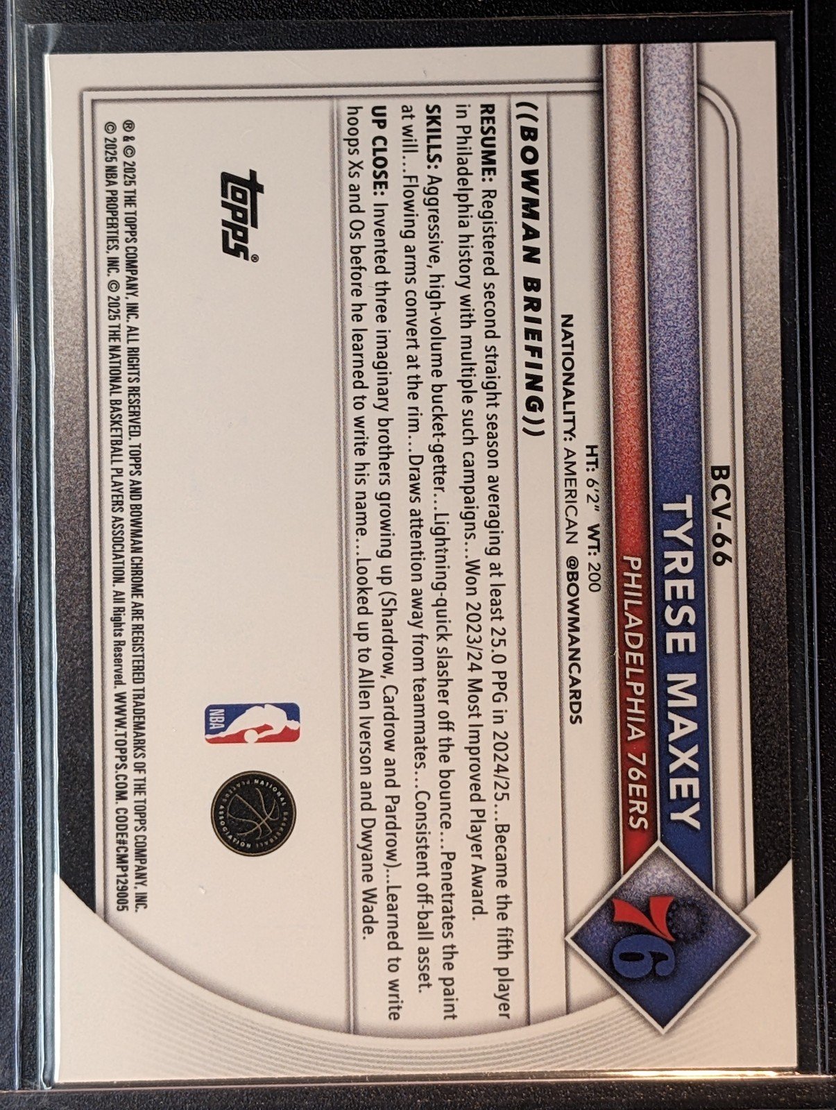 Back of 2025-26 Bowman #66 Tyrese Maxey Chrome Sapphire