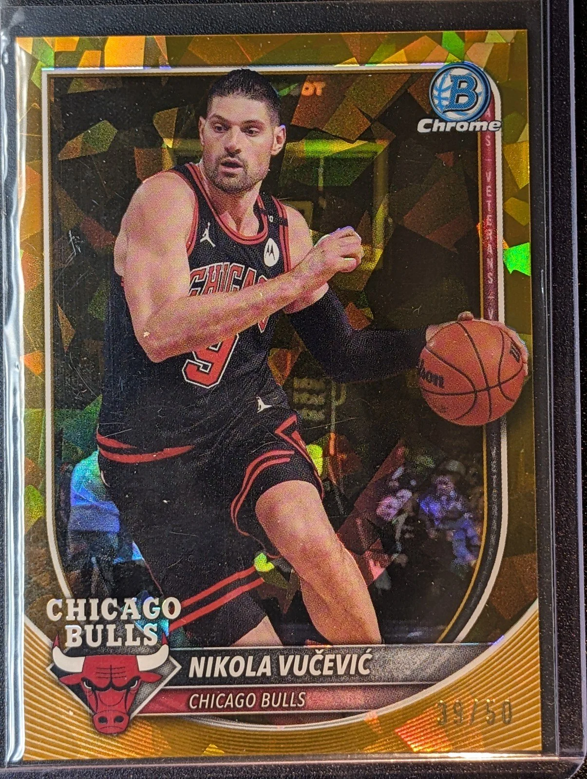 Front of 2025-26 Bowman Chrome #BCV-157 Nikola Vučević Gold Sapphire Refractors /50