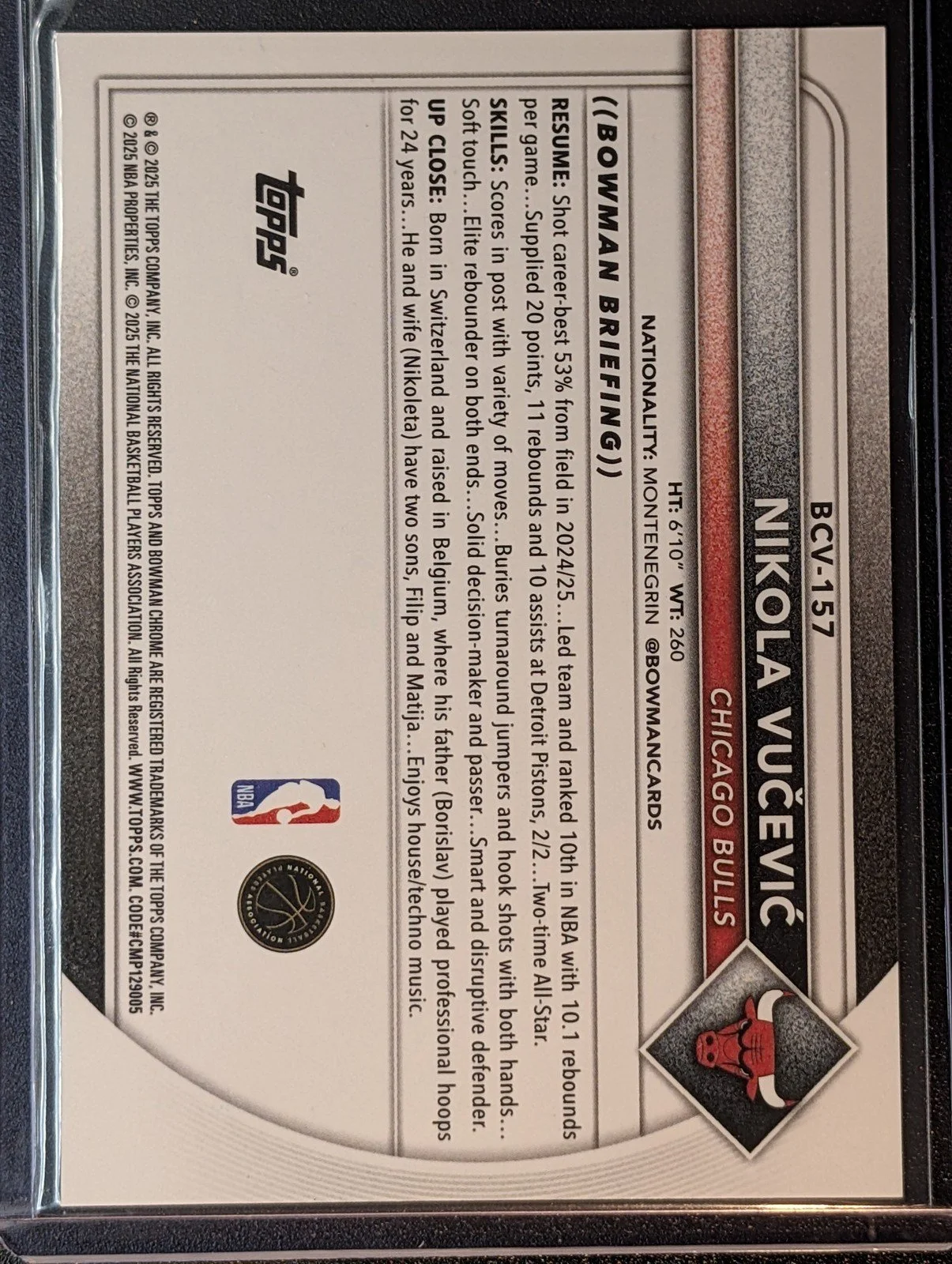 Back of 2025-26 Bowman Chrome #BCV-157 Nikola Vučević Gold Sapphire Refractors /50