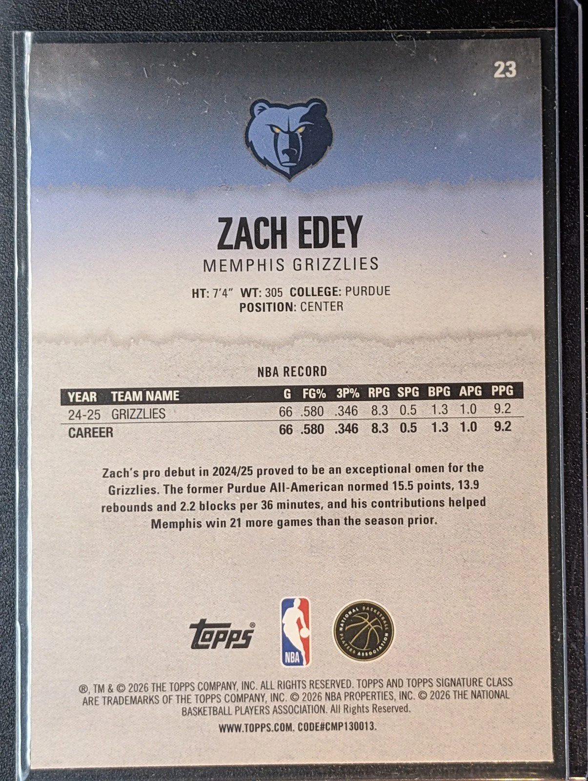 Back of 2025-26 Topps Signature Class #23 Zach Edey