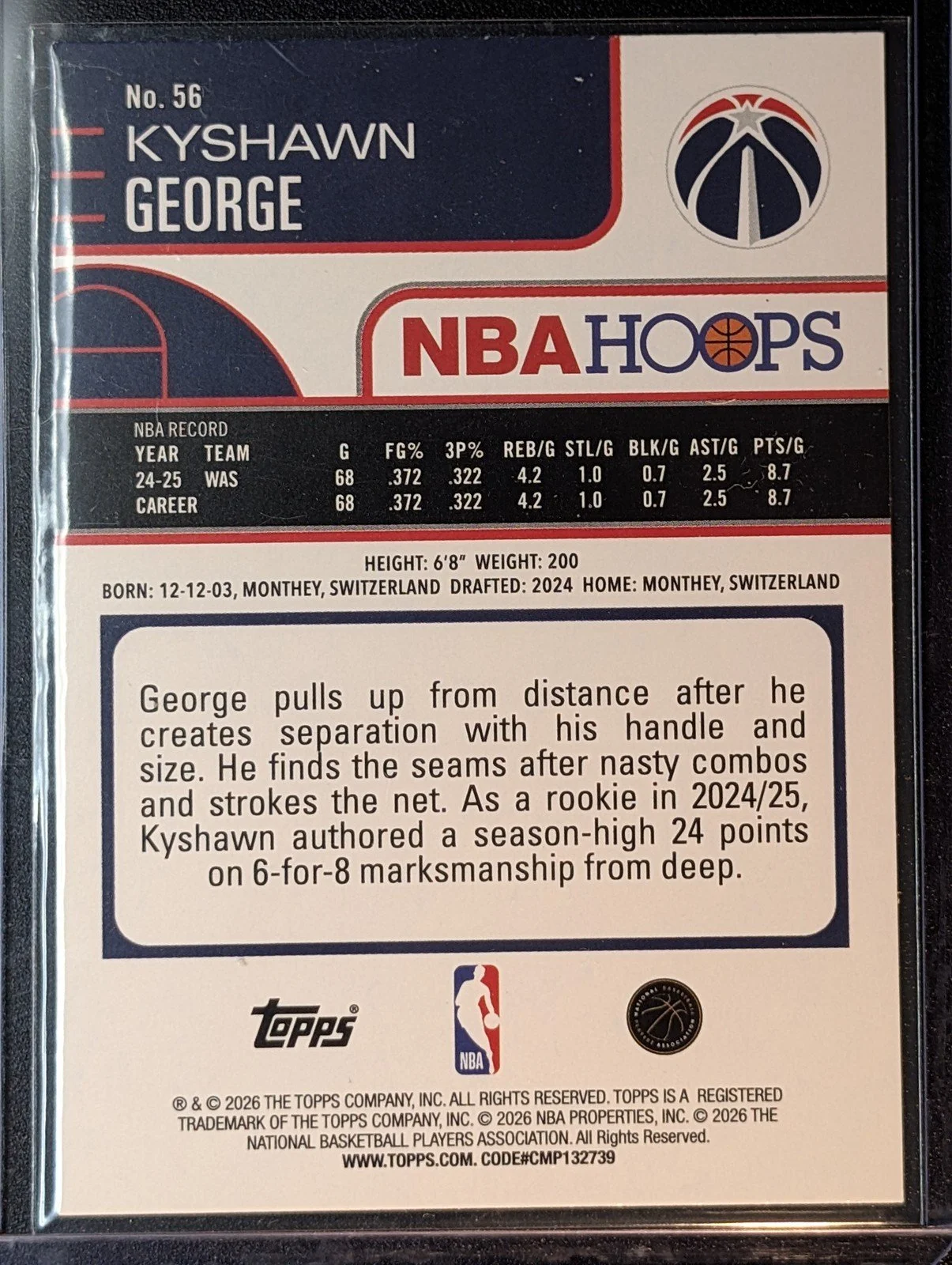 Back of 2025-26 Hoops #56 Kyshawn George Blue Pixel Burst /149