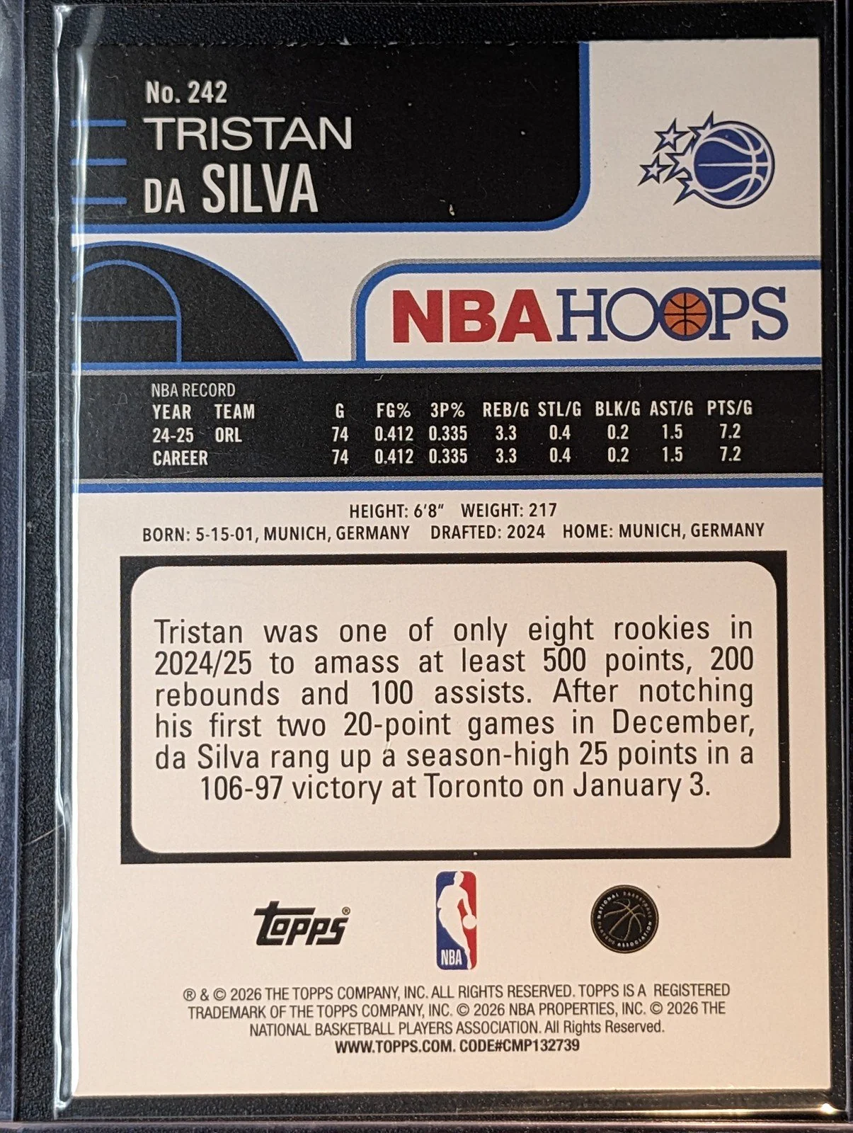 Back of 2025-26 Hoops 275/275 #242 Tristan da Silva Gold Hoops /275