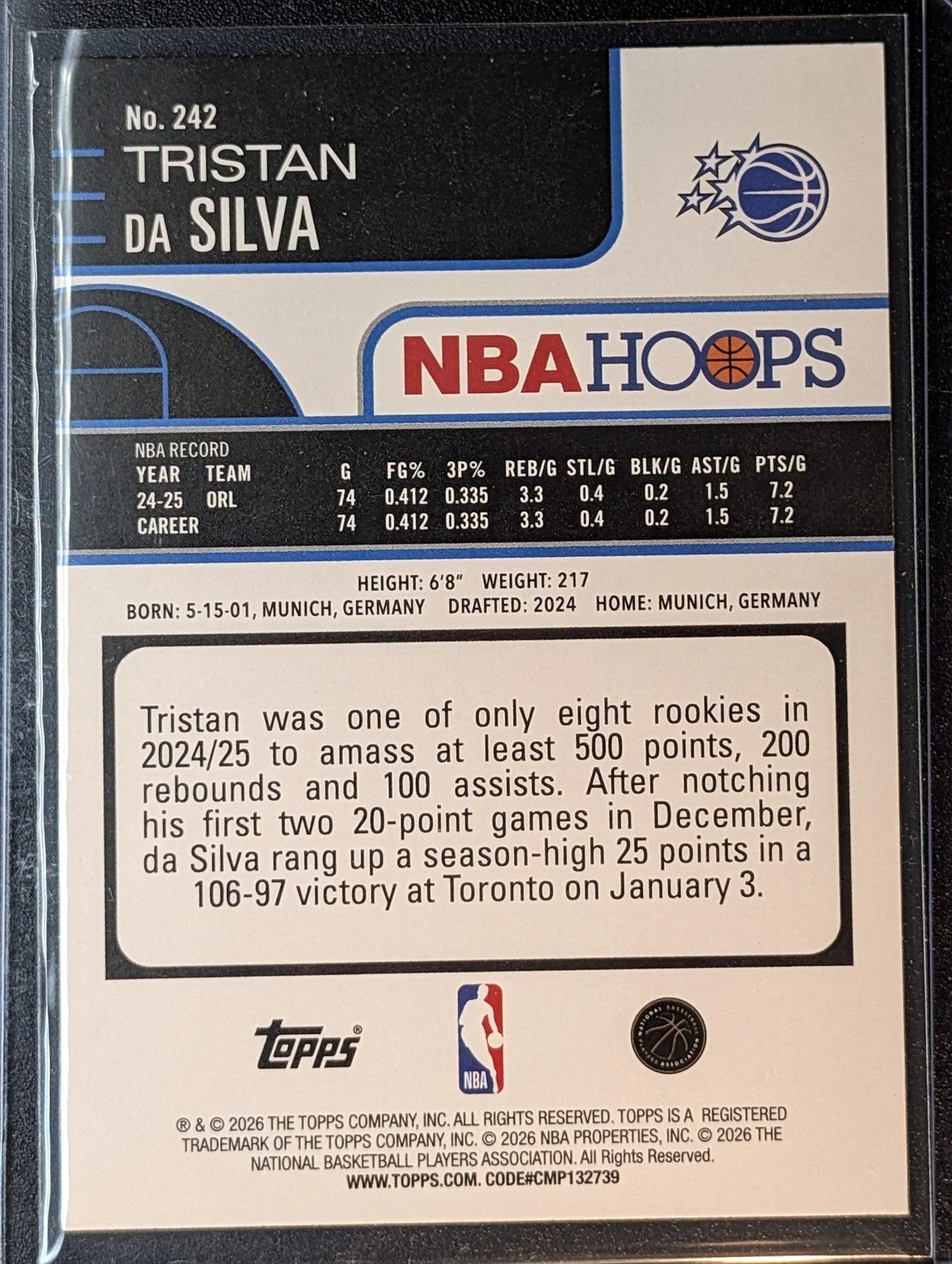 Back of 2025-26 Hoops #242 Tristan da Silva Pixel Burst