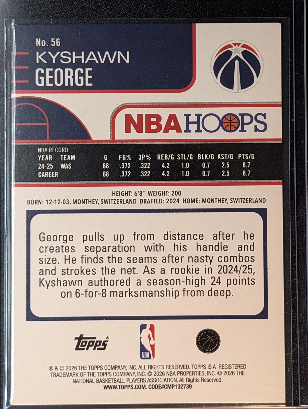 Back of 2025-26 Hoops #56 Kyshawn George Pixel Burst Orange /25