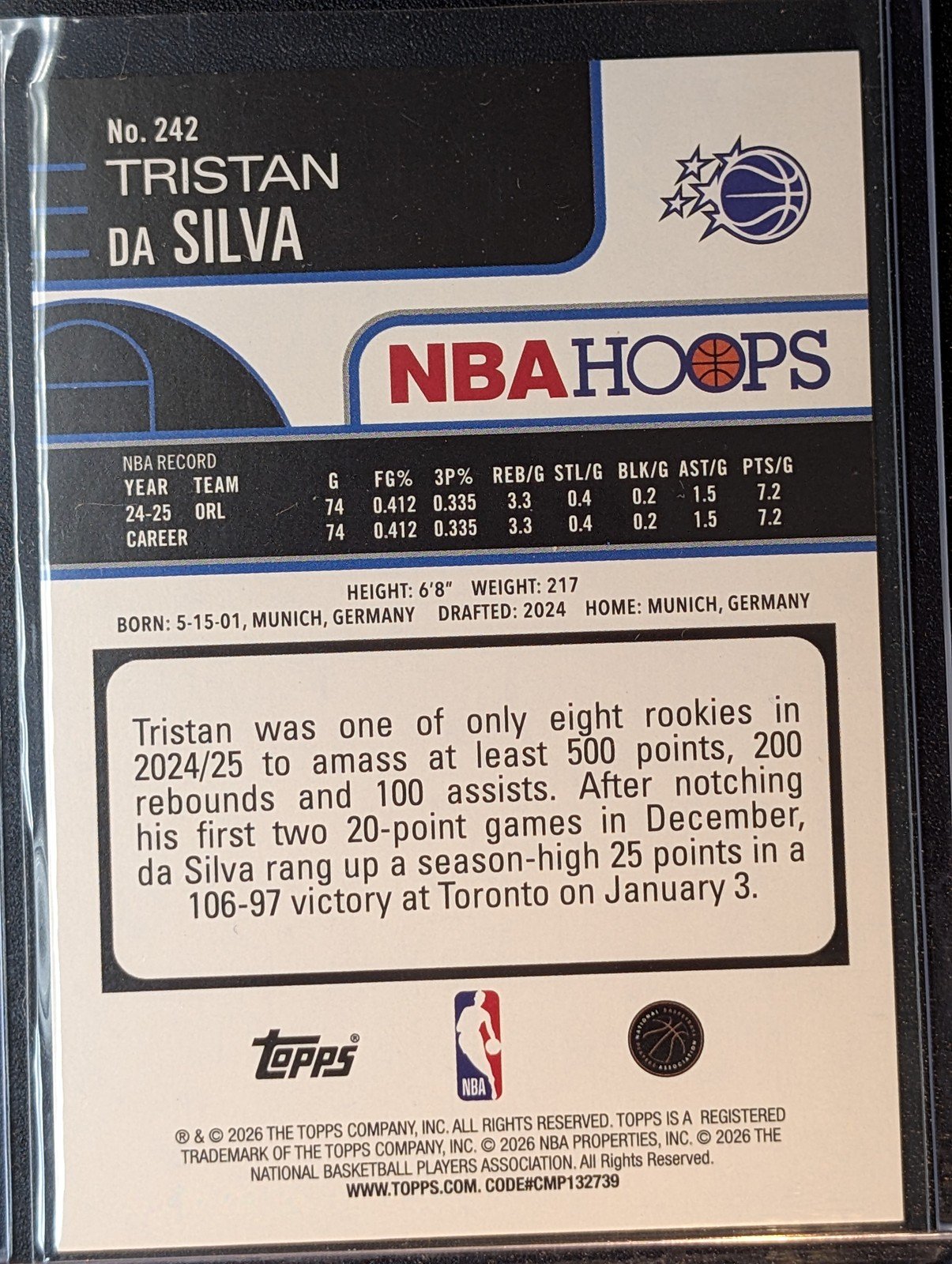 Back of 2025-26 Hoops #242 Tristan da Silva Rainbow