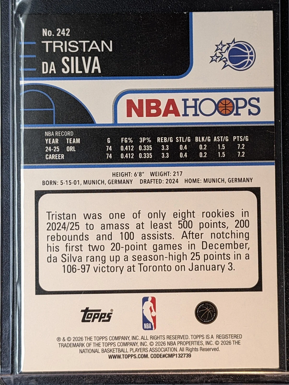 Back of 2025-26 Hoops #242 Tristan da Silva Purple Pixel Burst /99