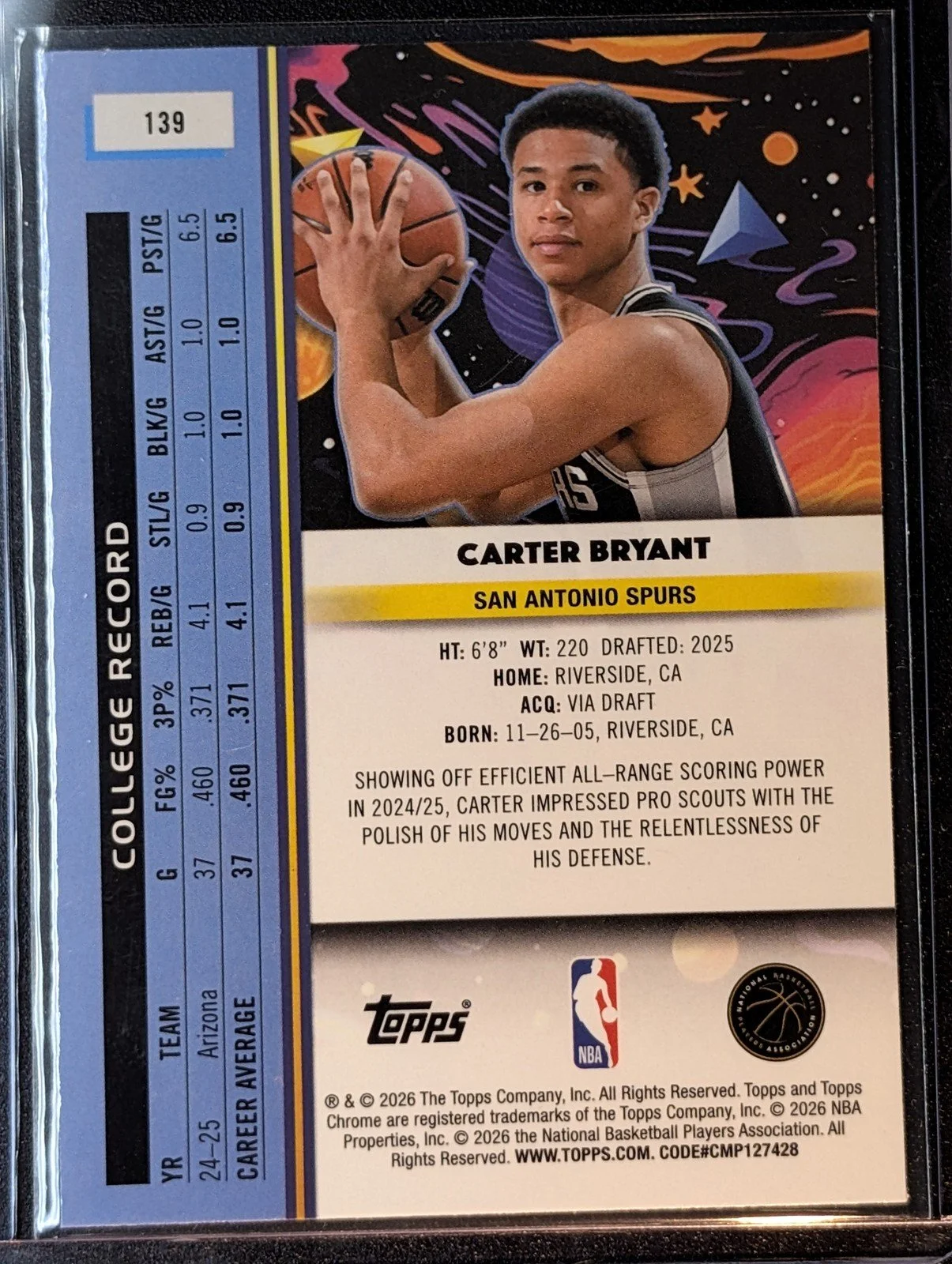 Back of 2025-26 Topps Chrome Cosmic #139 Carter Bryant