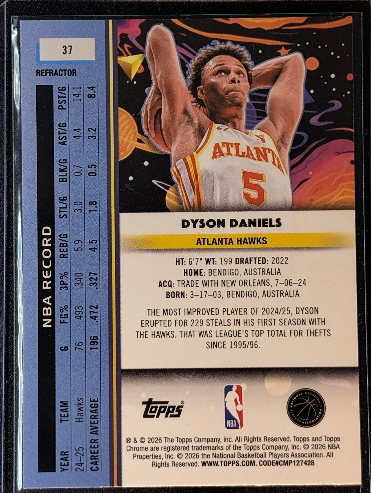 Back of 2025-26 Topps Chrome Cosmic #37 Dyson Daniels Refractor