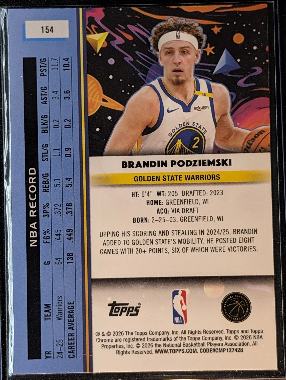 Back of 2025-26 Topps Chrome Cosmic #154 Brandin Podziemski Nucleus Refractor