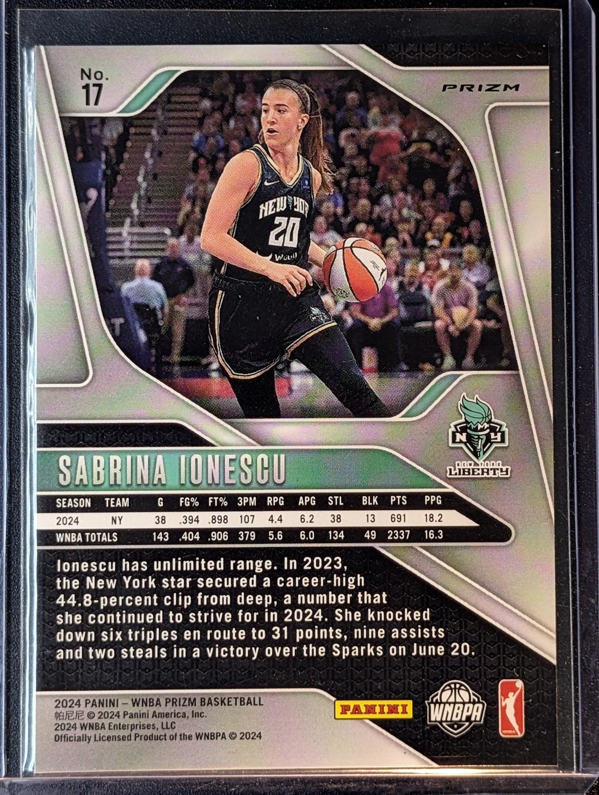 Back of 2024 Panini Prizm WNBA #17 Sabrina Ionescu Silver Prizms