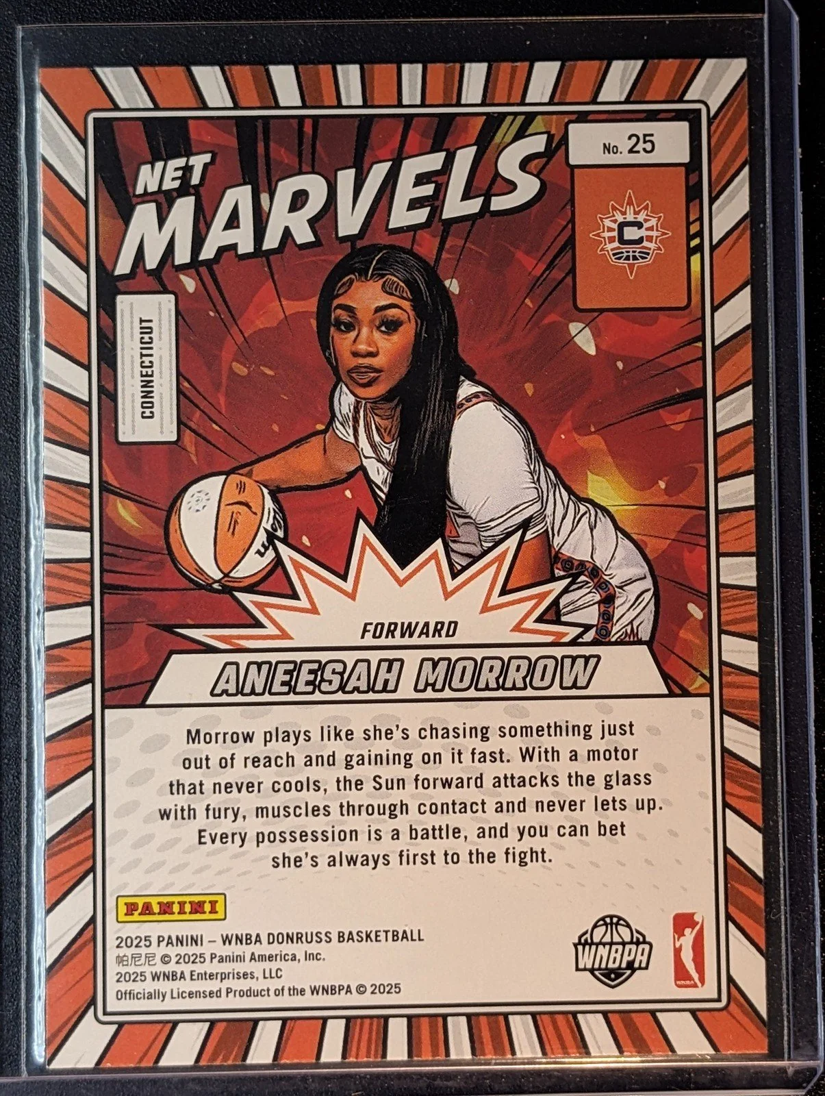 Back of 2025 Donruss WNBA #25 Aneesah Morrow Net Marvels Press Proof RC