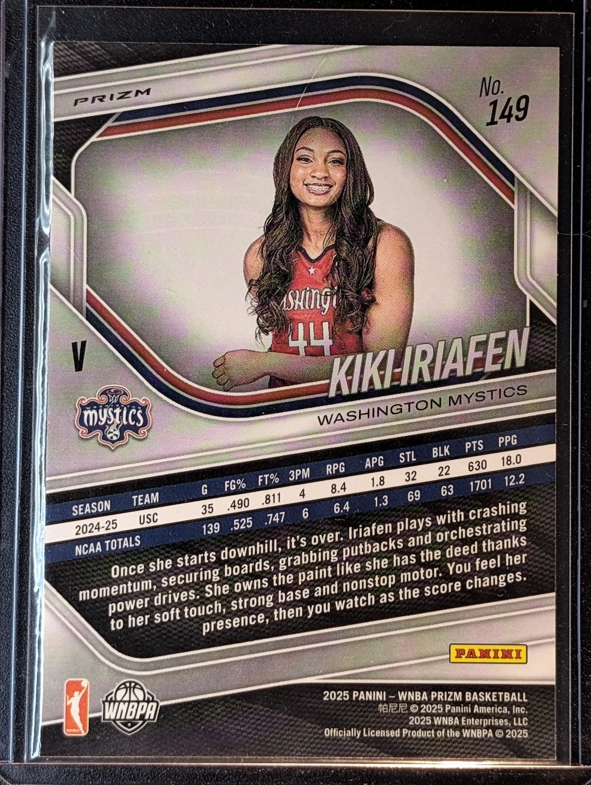 Back of 2025 Panini Prizm WNBA #149 Kiki Iriafen Silver Prizms