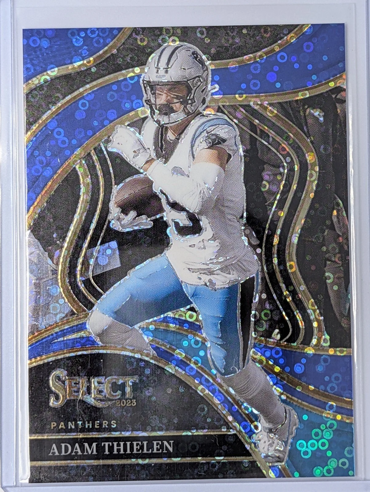 Front of 2023 Panini Select #299 Adam Thielen Blue Disco /25