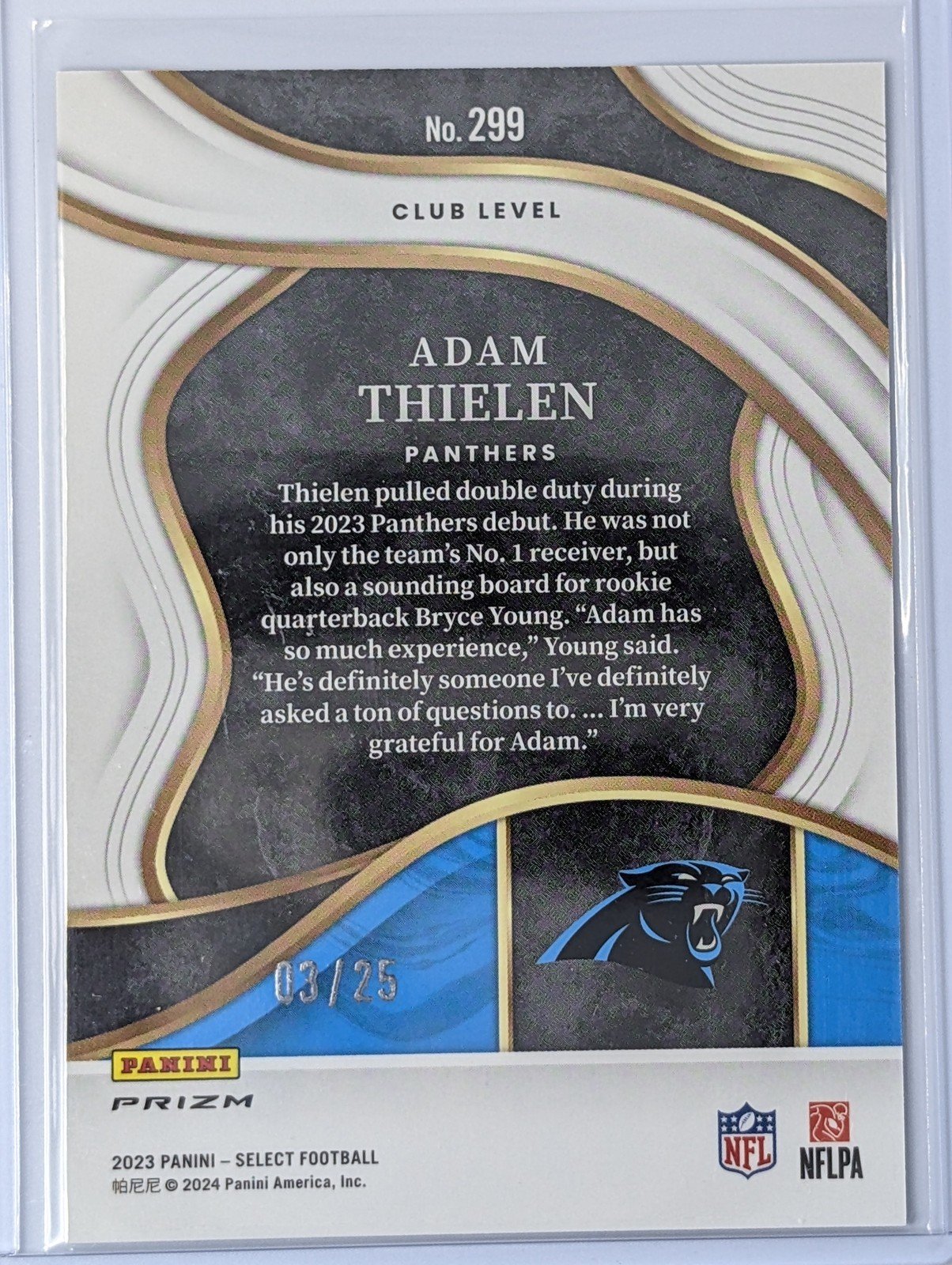 Back of 2023 Panini Select #299 Adam Thielen Blue Disco /25