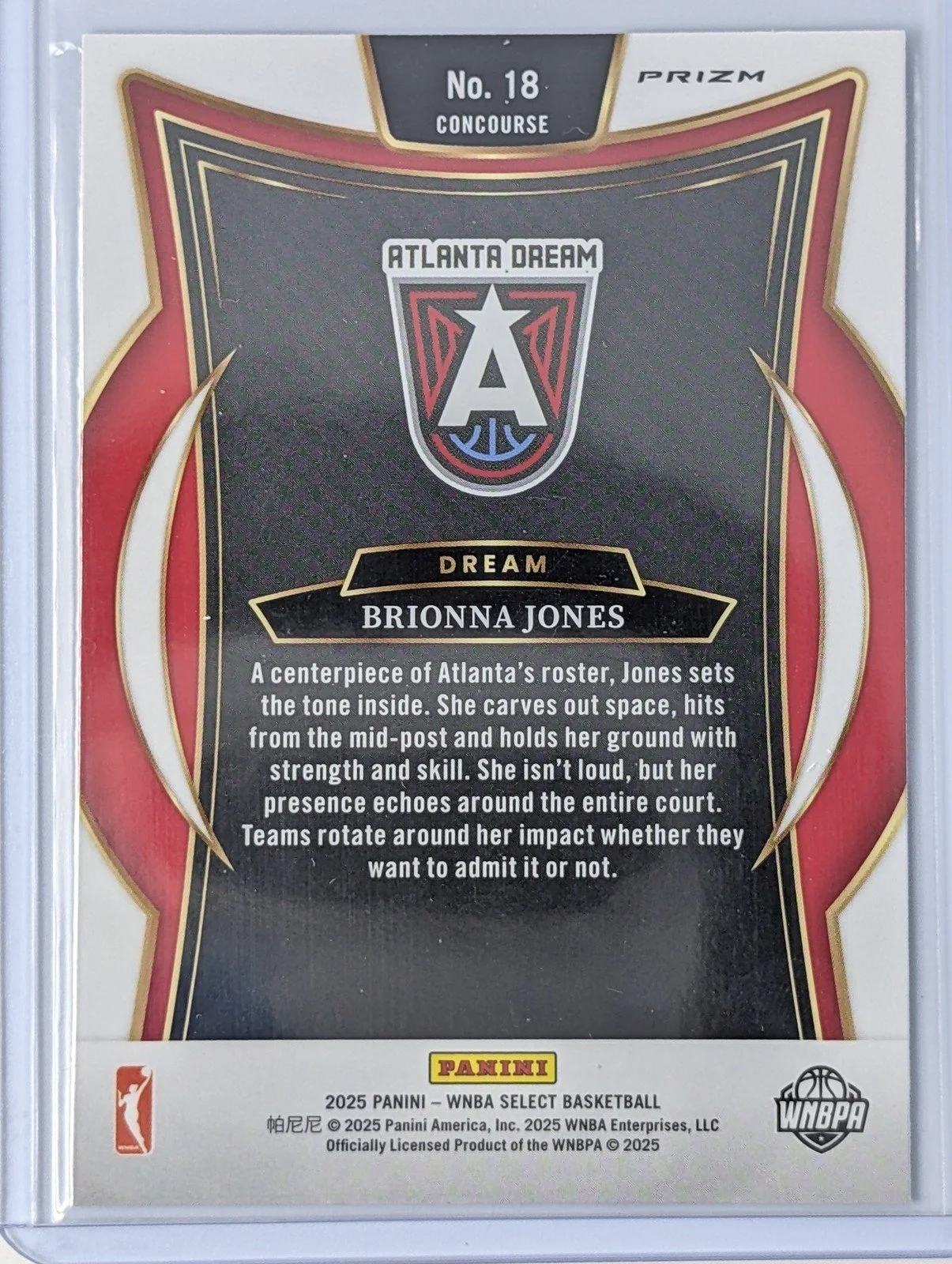Back of 2025 Panini Select WNBA #18 Brionna Jones Green Ice Prizm