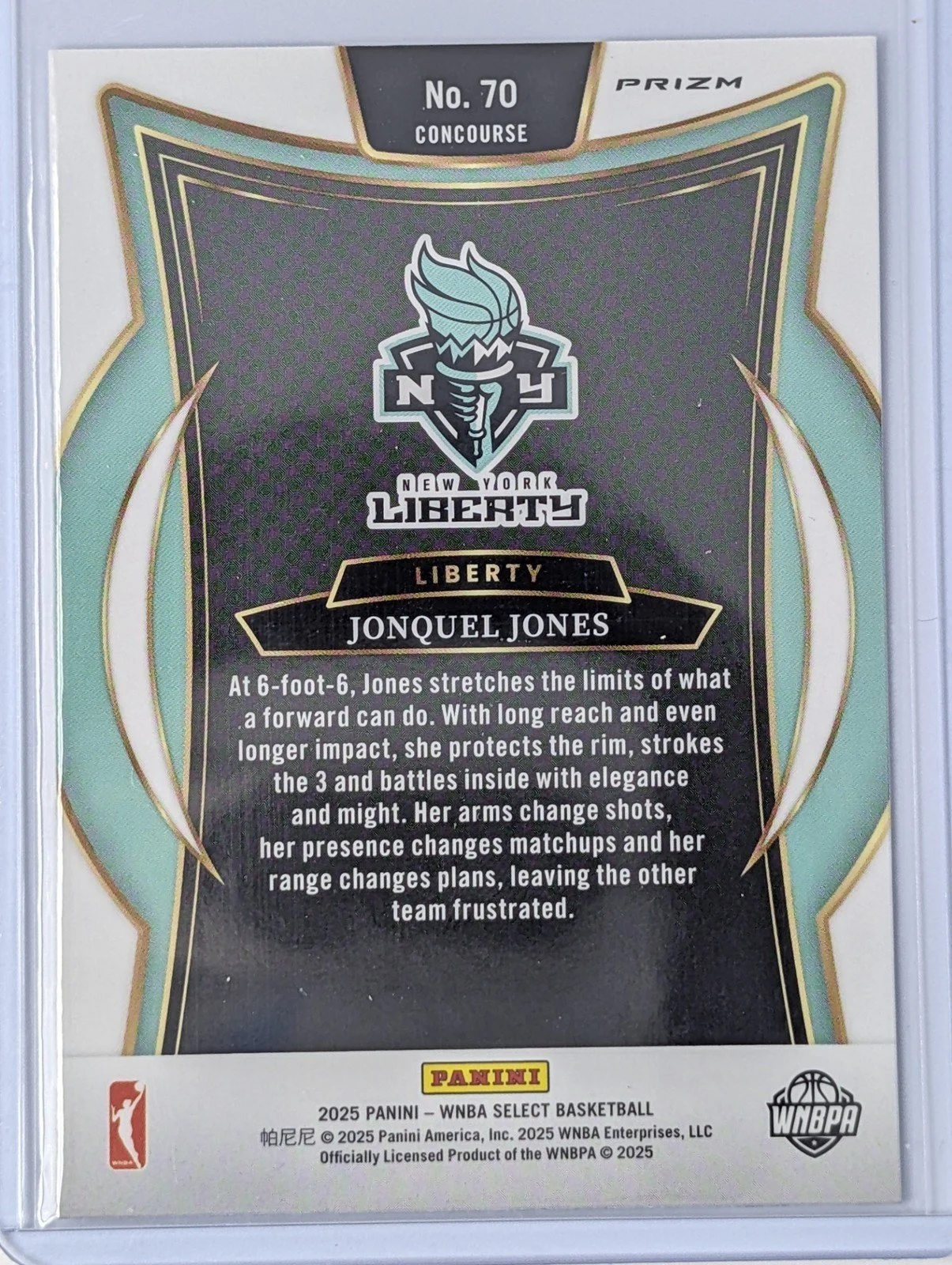 Back of 2025 Panini Select WNBA #70 Jonquel Jones Green Ice Prizm
