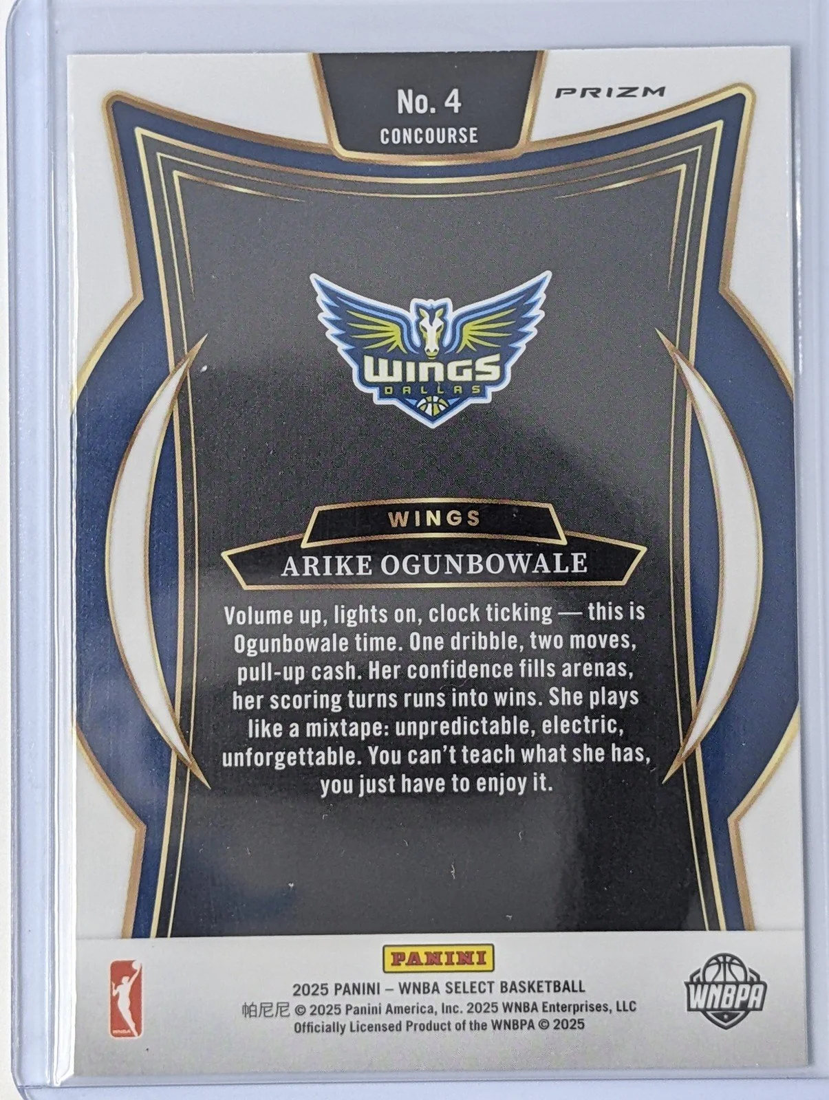 Back of 2025 Panini Select WNBA #4 Arike Ogunbowale Green Ice Prizm