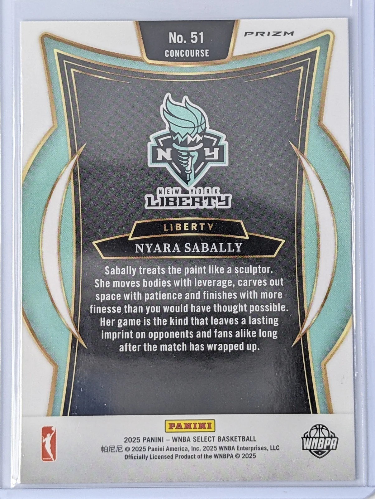 Back of 2025 Panini Select WNBA #51 Nyara Sabally Green Ice Prizm