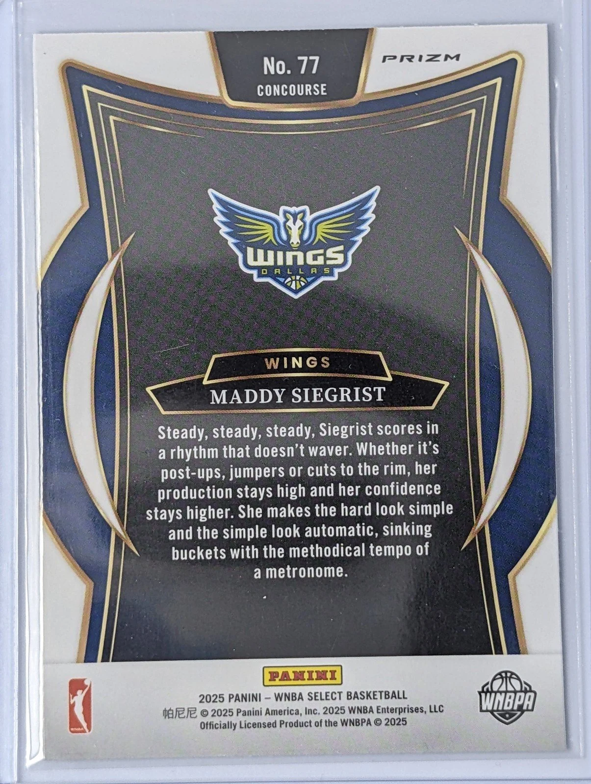 Back of 2025 Panini Select WNBA #77 Maddy Siegrist Green Ice Prizm