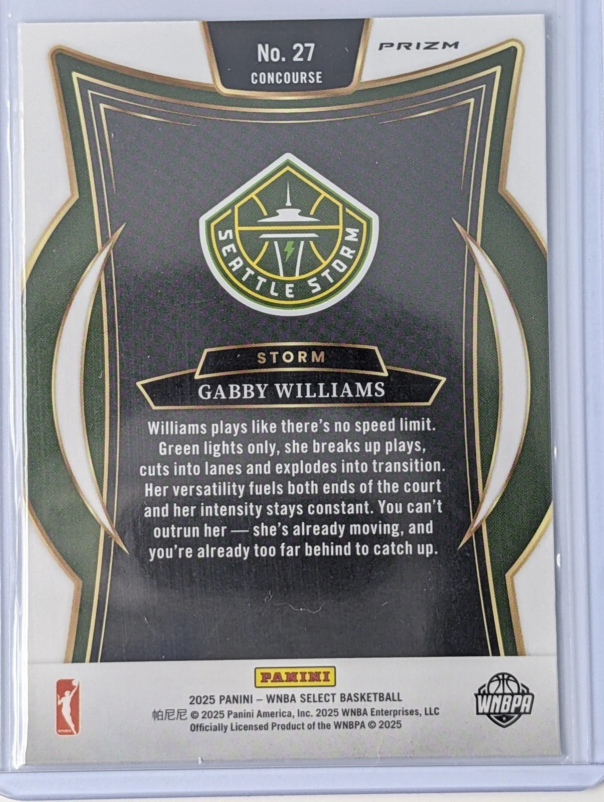 Back of 2025 Panini Select WNBA #27 Gabby Williams Silver Prizms