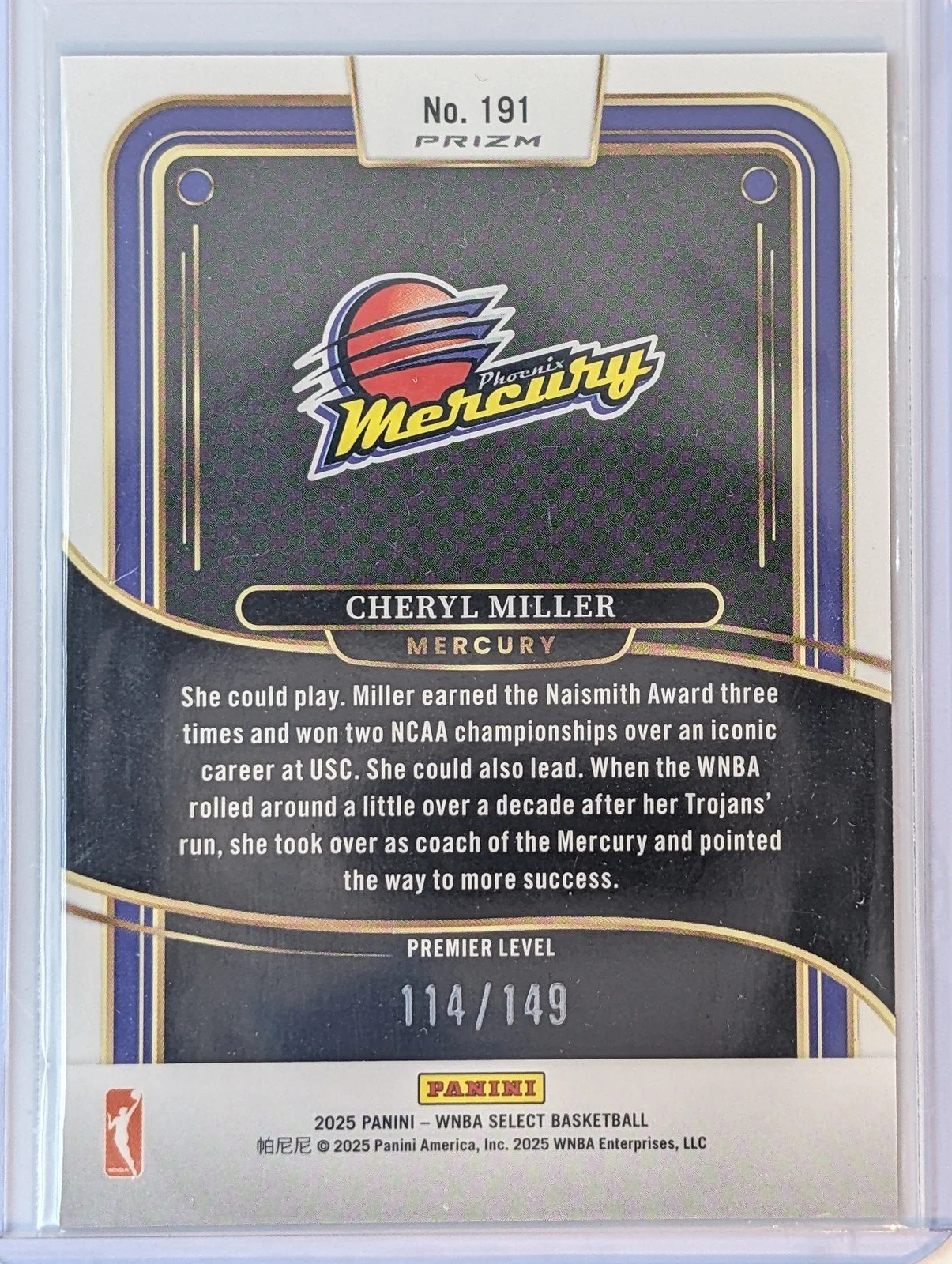 Back of 2025 Panini Select WNBA #191 Cheryl Miller Purple Prizms /149