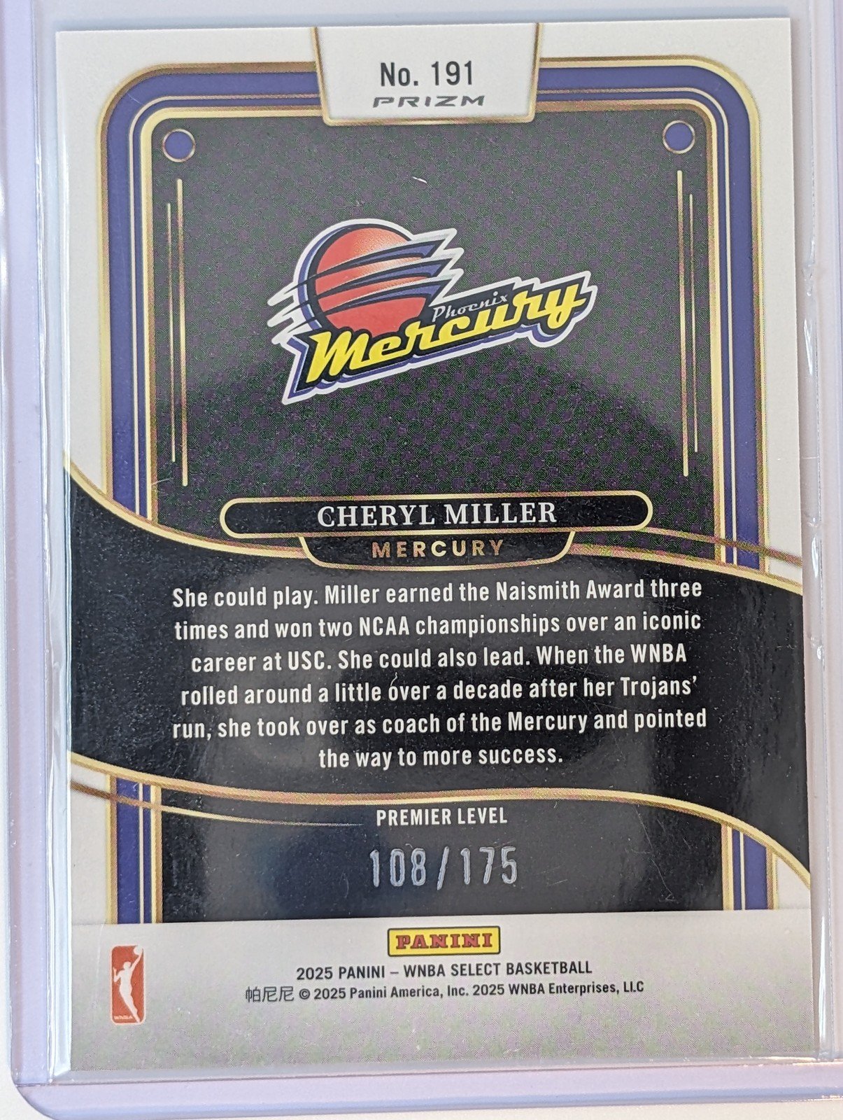 Back of 2025 Panini Select WNBA #191 Cheryl Miller "Pink Camo" /175