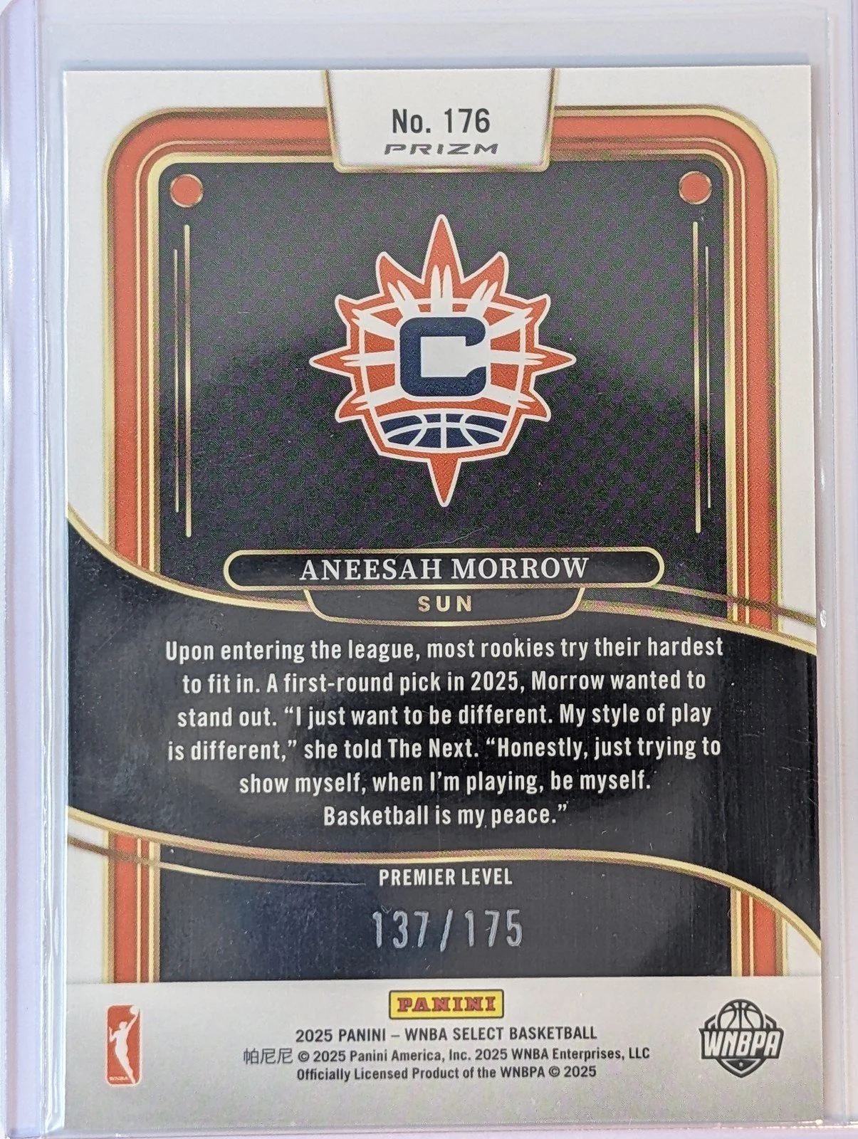 Back of 2025 Panini Select WNBA #176 Aneesah Morrow "Pink Camo" /175