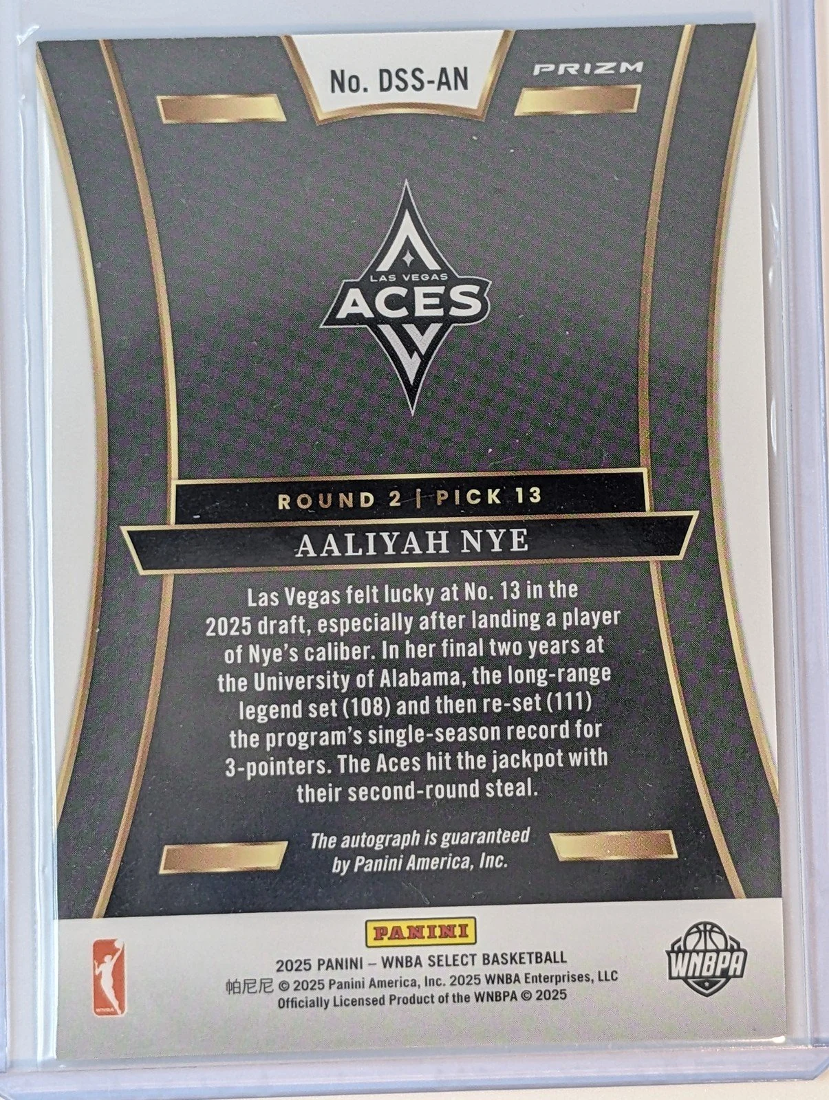 Back of 2025 Panini Select WNBA Aaliyah Nye DSS-AN Draft Selections Auto