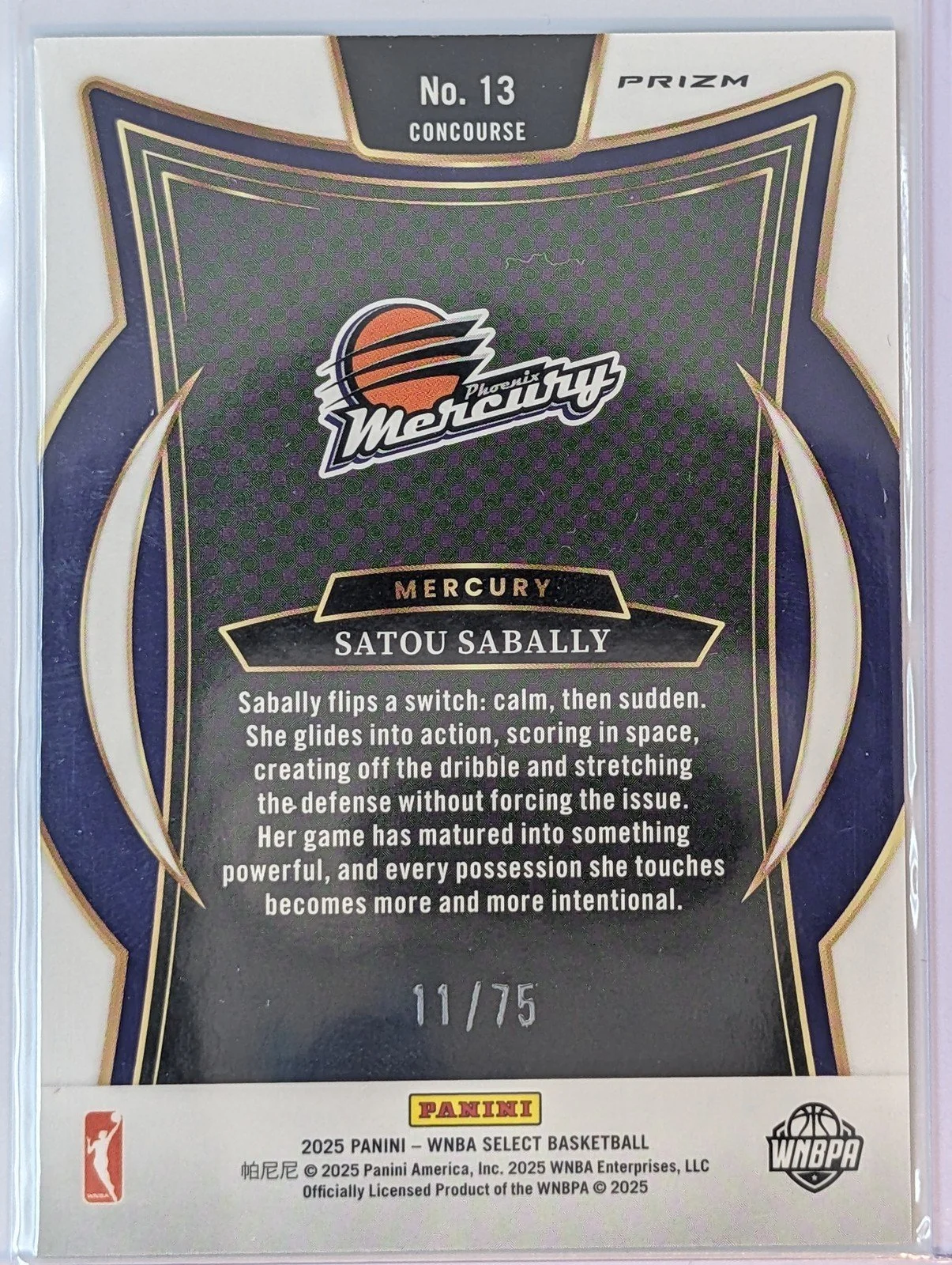 Back of 2025 Panini Select WNBA #13 Satou Sabally Green Prizm /75