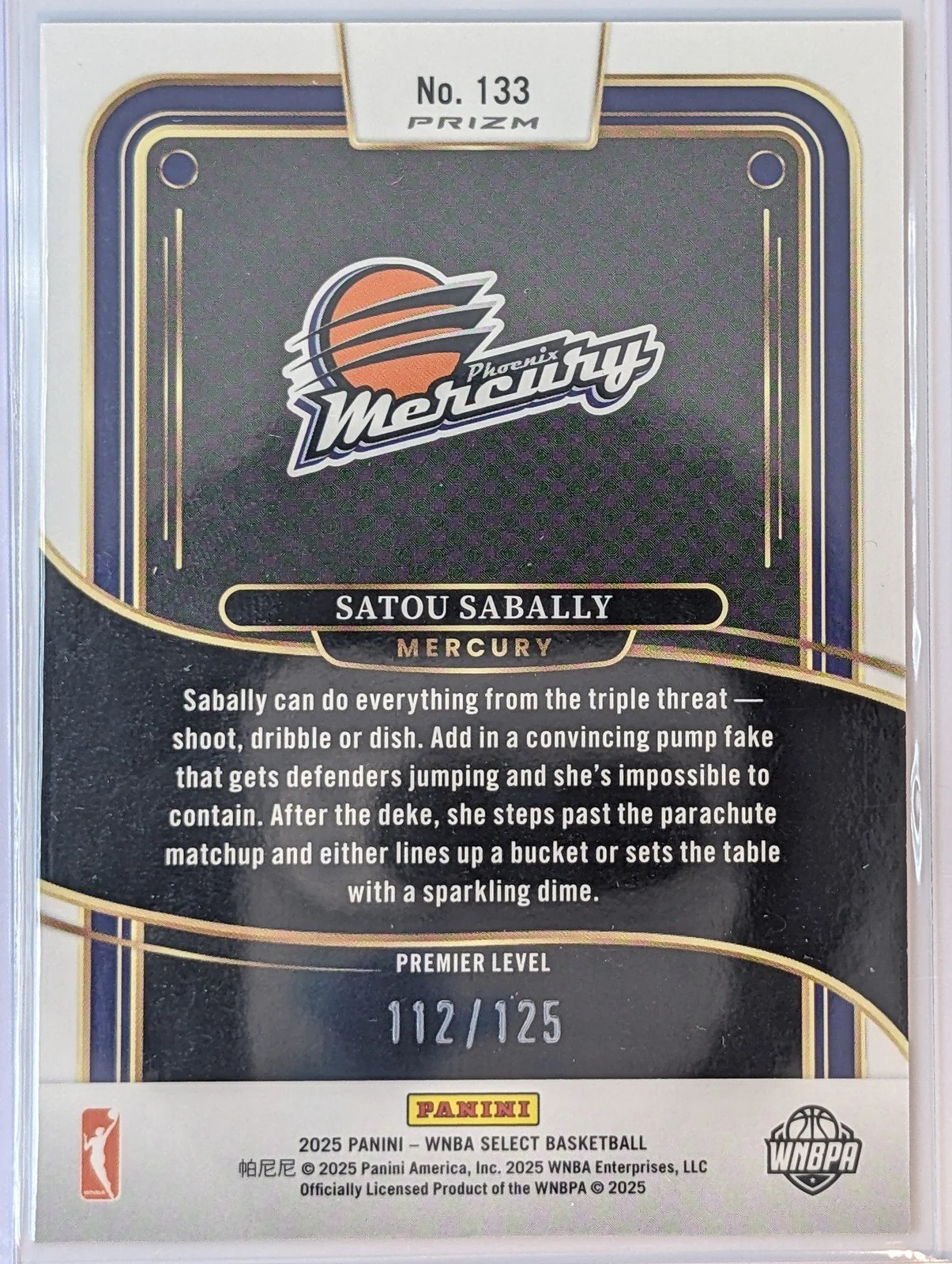 Back of 2025 Panini Select WNBA #133 Satou Sabally Orange Prizm #/125