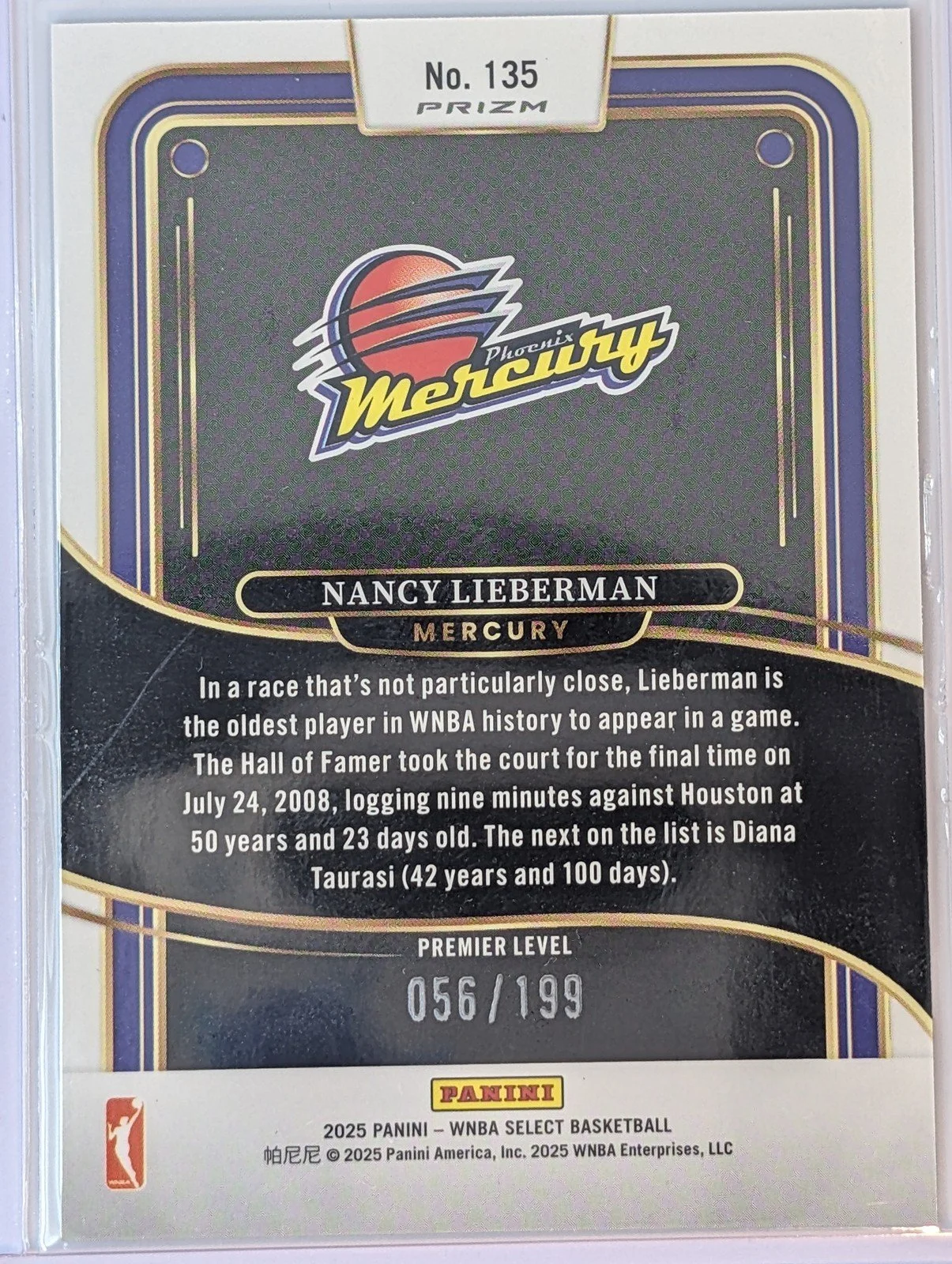 Back of 2025 Panini Select WNBA #135 Nancy Lieberman Blue Scope /199