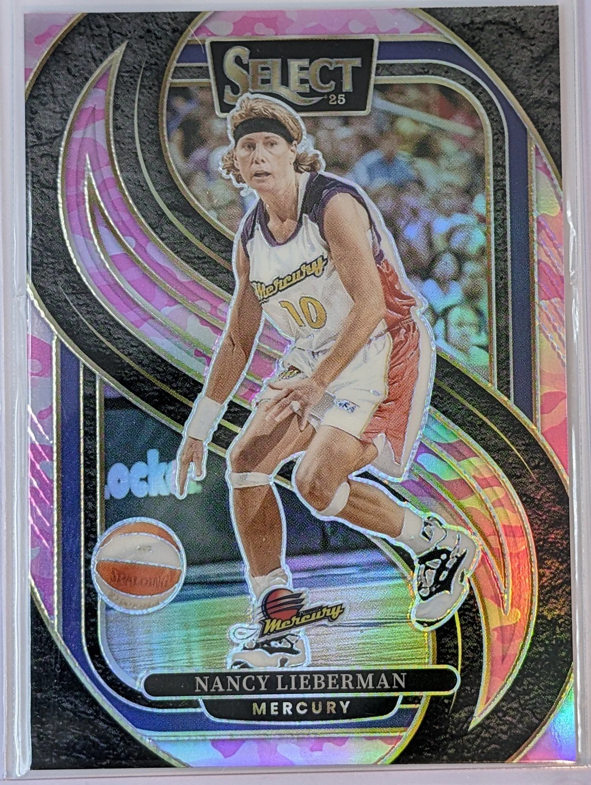 Front of 2025 Panini Select WNBA #135 Nancy Lieberman Pink Camo /175