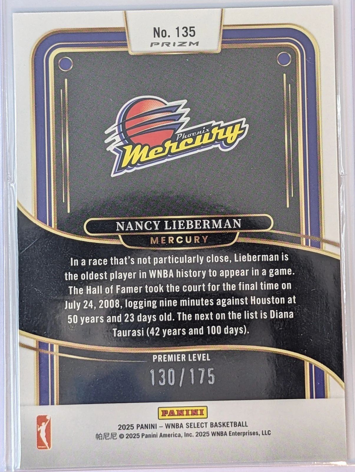 Back of 2025 Panini Select WNBA #135 Nancy Lieberman Pink Camo /175