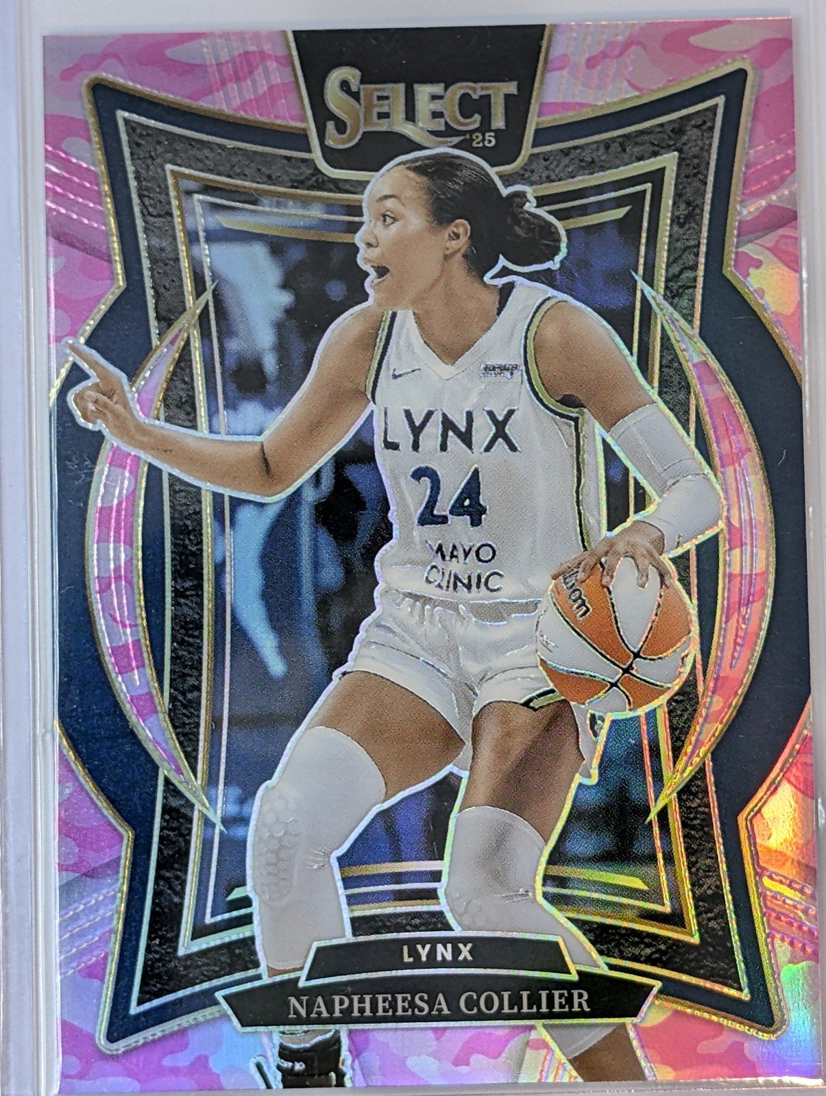 Front of 2025 Panini Select WNBA #100 Napheesa Collier "Pink Camo" /175