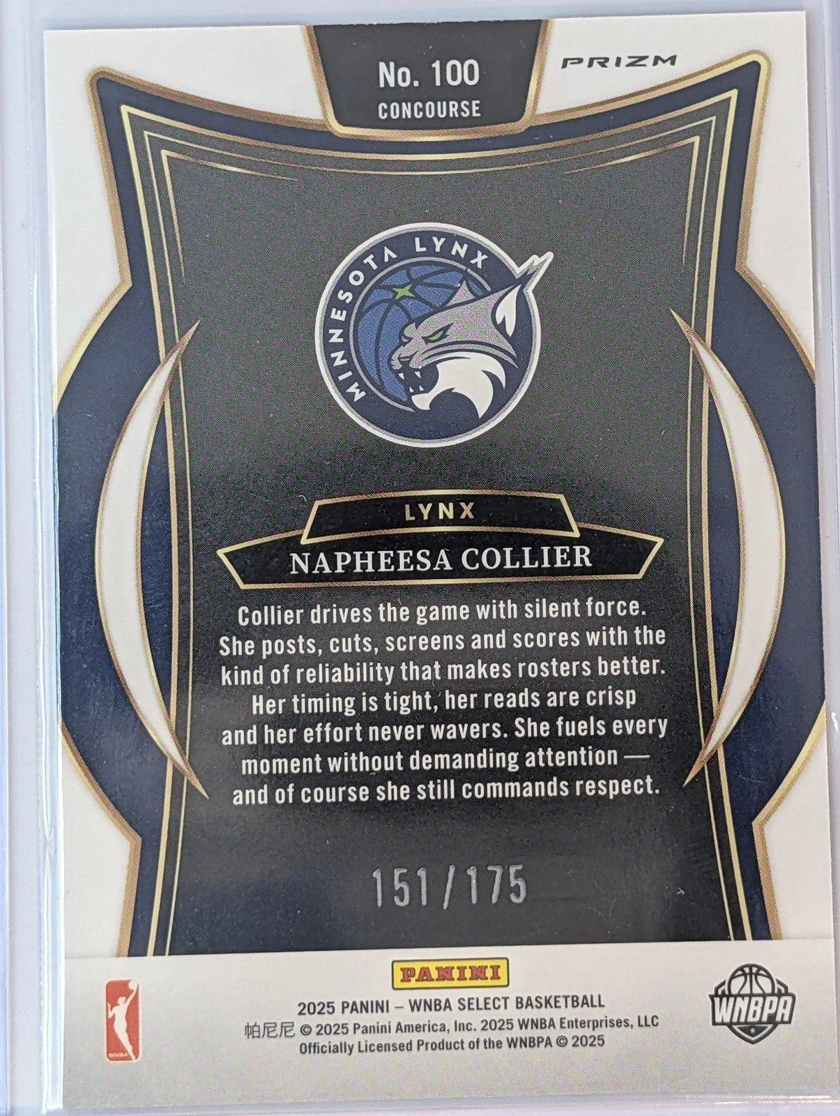 Back of 2025 Panini Select WNBA #100 Napheesa Collier "Pink Camo" /175