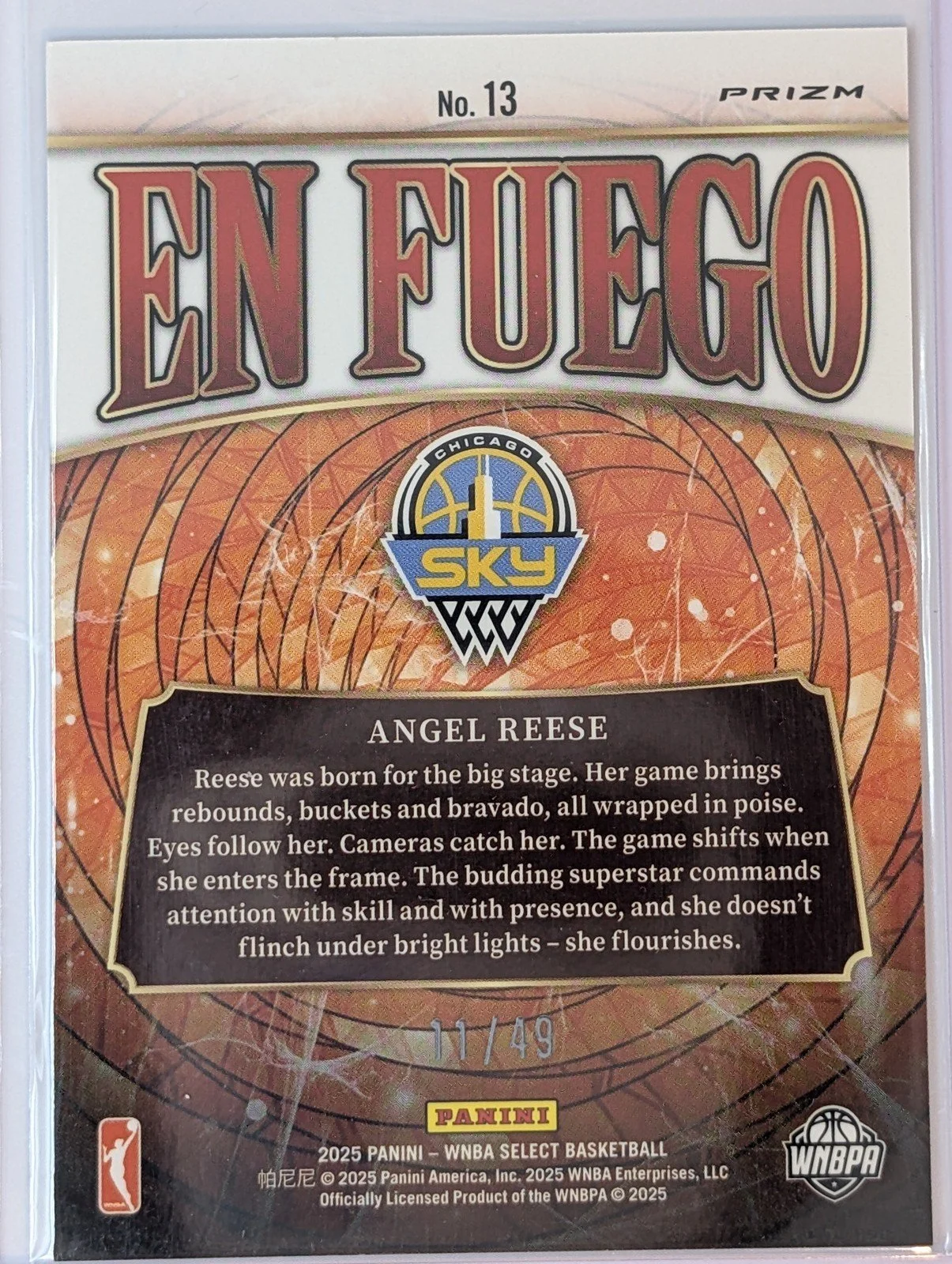 Back of 2025 Panini Select WNBA /49  #13 Angel Reese En Fuego PRIZM