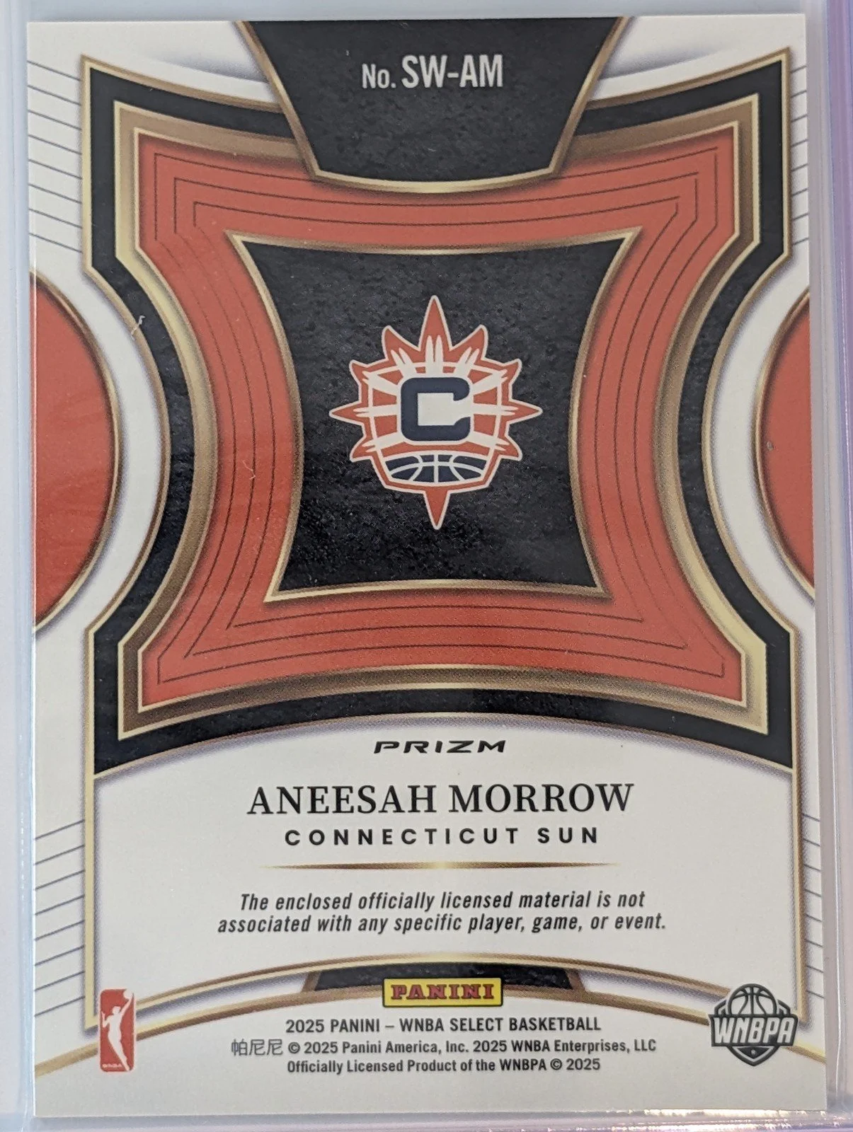 Back of 2025 Panini Select WNBA SW-AM Aneesah Morrow Selective Swatches RC