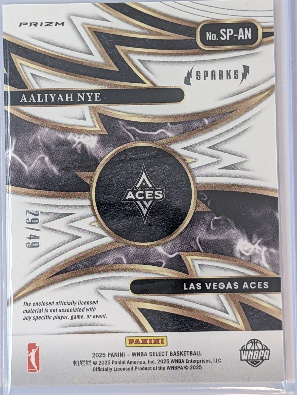 Back of 2025 Panini Select WNBA #SP-AN Aaliyah Nye /49 RC