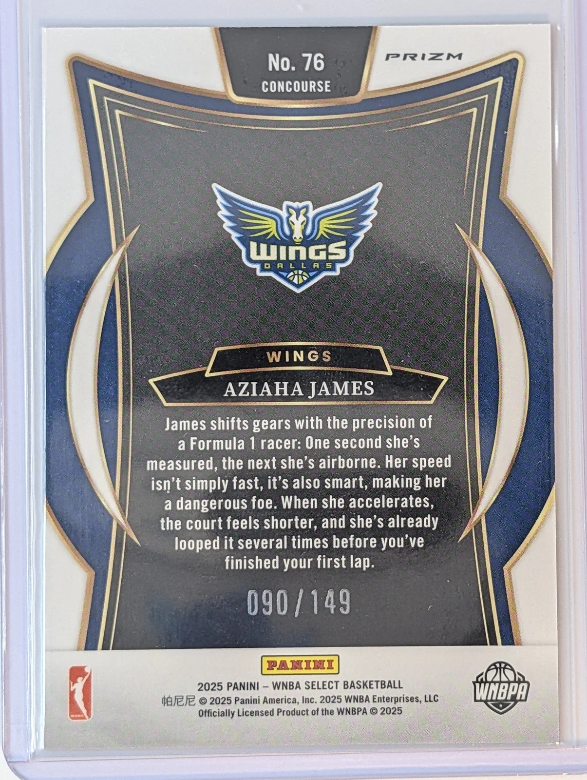 Back of 2025 Panini Select WNBA #76 Aziaha James Red Prizm RC /149