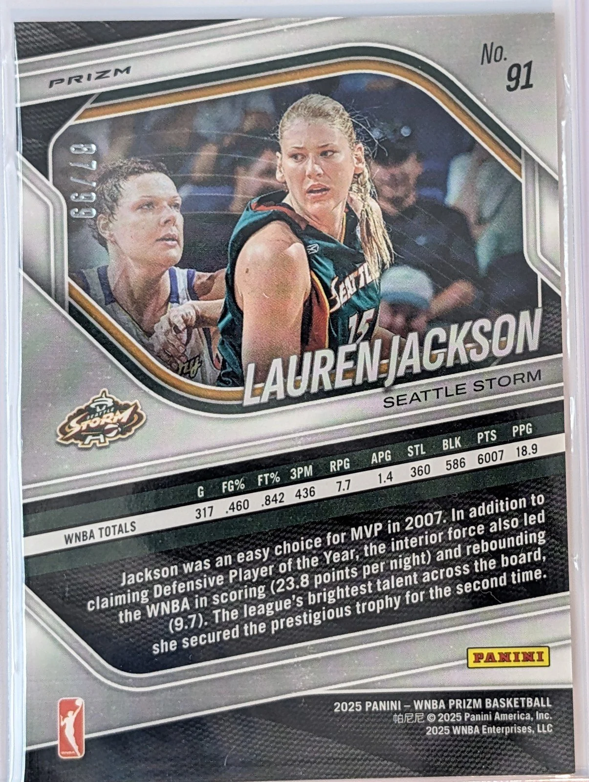 Back of 2025 Panini Prizm WNBA /99  #91 Lauren Jackson Orange Prizms