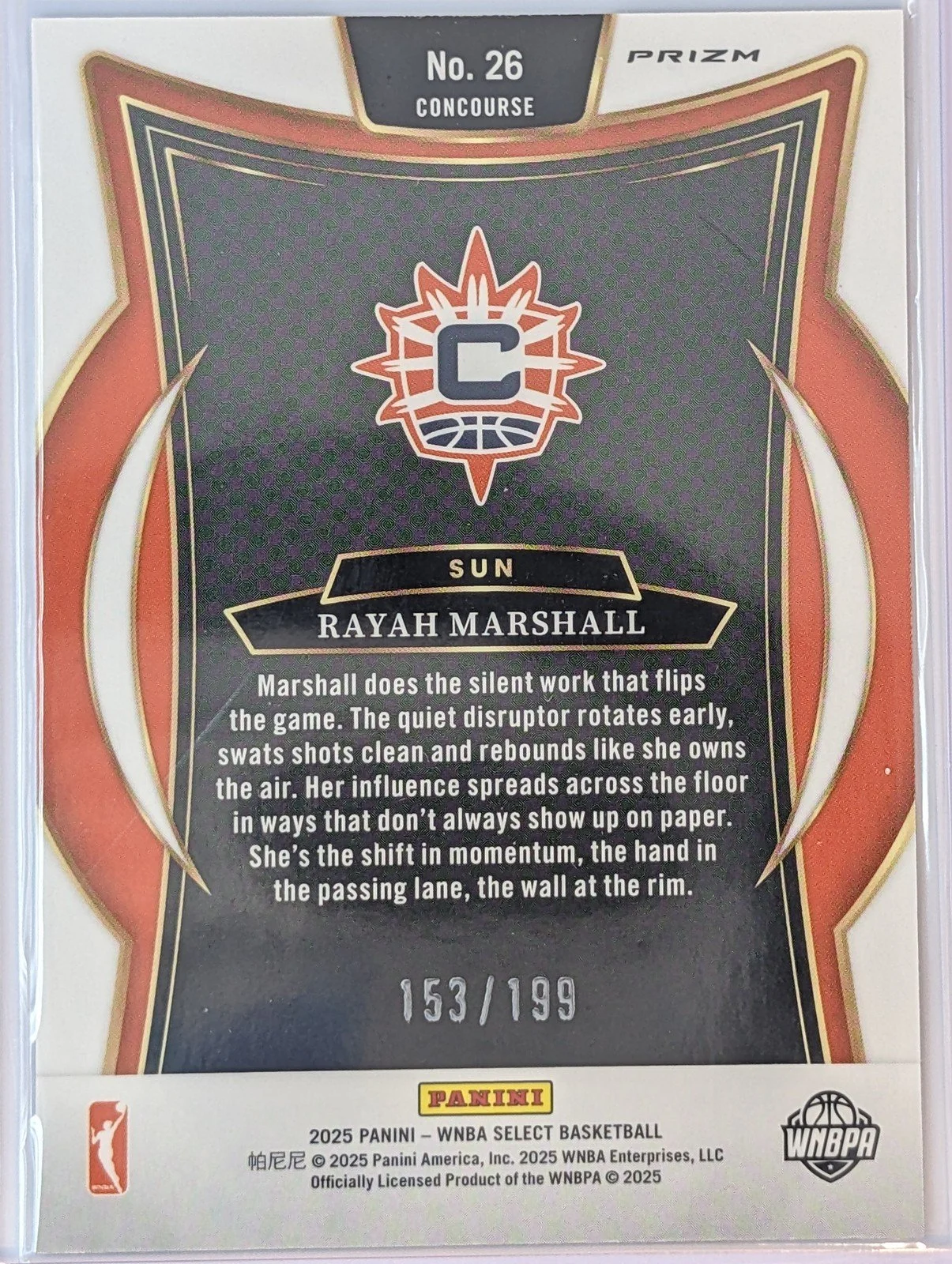 Back of 2025 Panini Select WNBA #26 Rayah Marshall blue scope /199