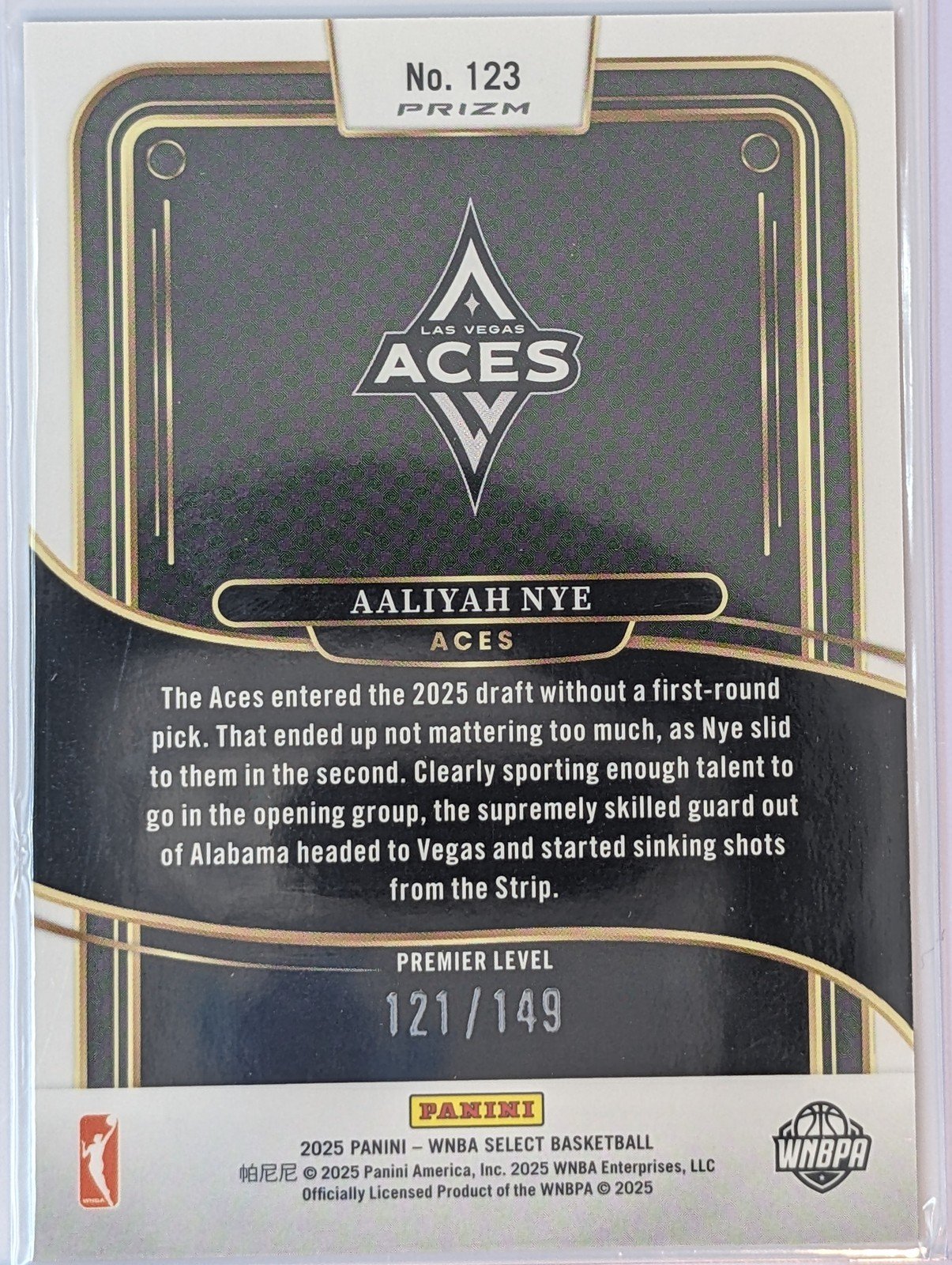 Back of 2025 Panini Select WNBA /149 #123 Aaliyah Nye Purple Prizms