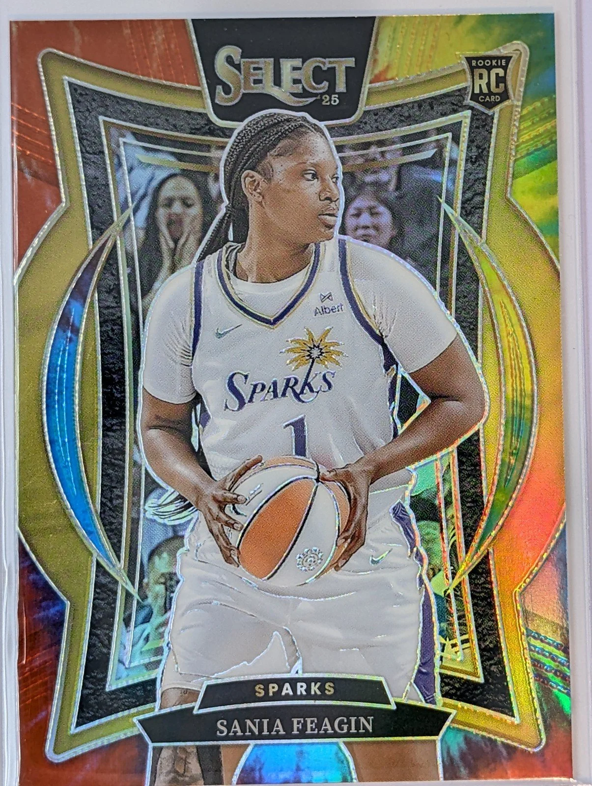 Front of 2025 Panini Select WNBA #20 Sania Feagin Tie-Dye Prizms #/25