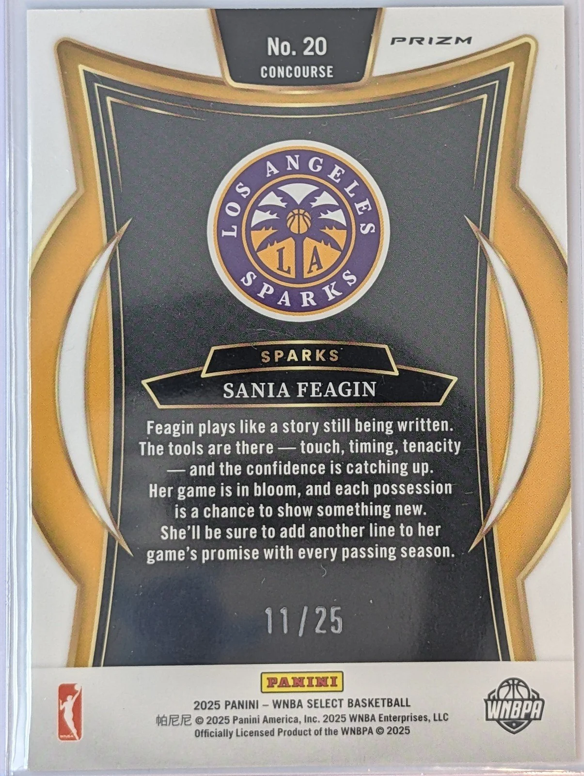 Back of 2025 Panini Select WNBA #20 Sania Feagin Tie-Dye Prizms #/25